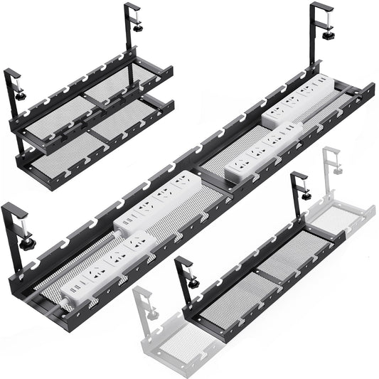 WIGAKDRU 31Inch Extendable Under Desk Cable Management Tray Multi-Model Metal Cable Management Tray Under Desk Cord Management with Clamp Power Strip