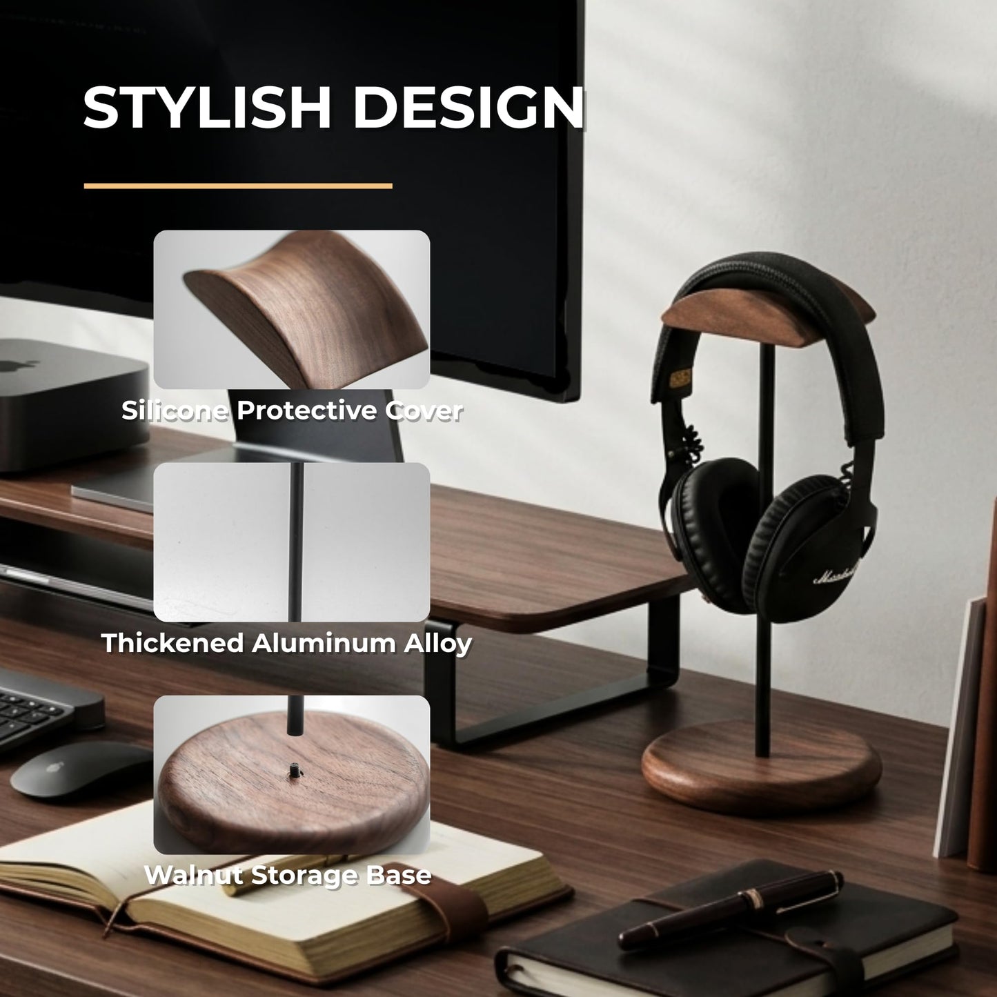 muso wood Walnut Wood & Aluminum Headset Stand, Desktop Headphone Stand, Headset Holder with Anti-slip Pad, Headphone Holder with Storage Base