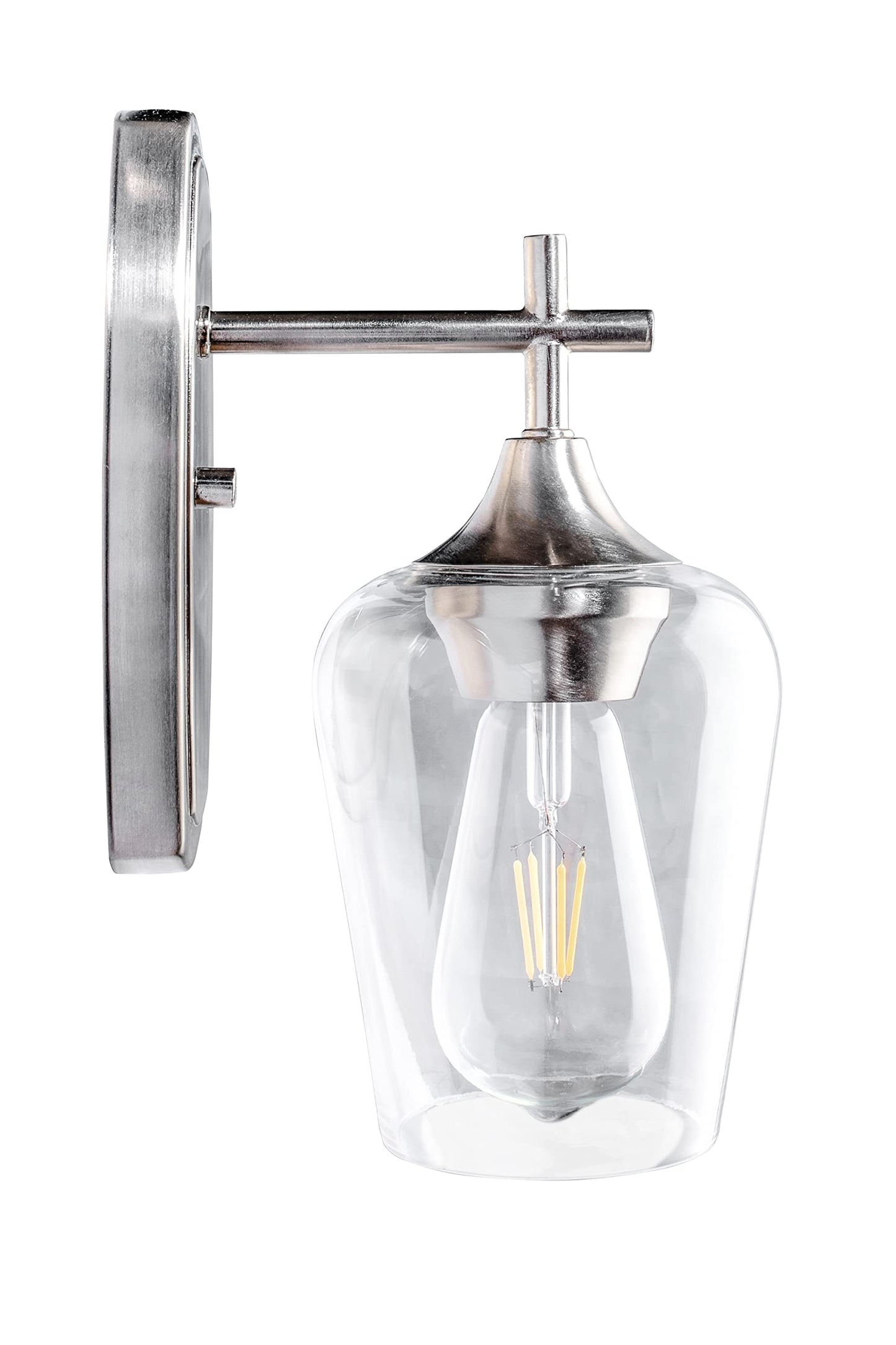 Aspen Creative 62720-09-1, 1 Light Indoor Wall Fixture, 5-1/8" W x 10-1/2" H x 7-1/4" E, Clear Glass w/Satin Nickel Finish, Bulb Not Included