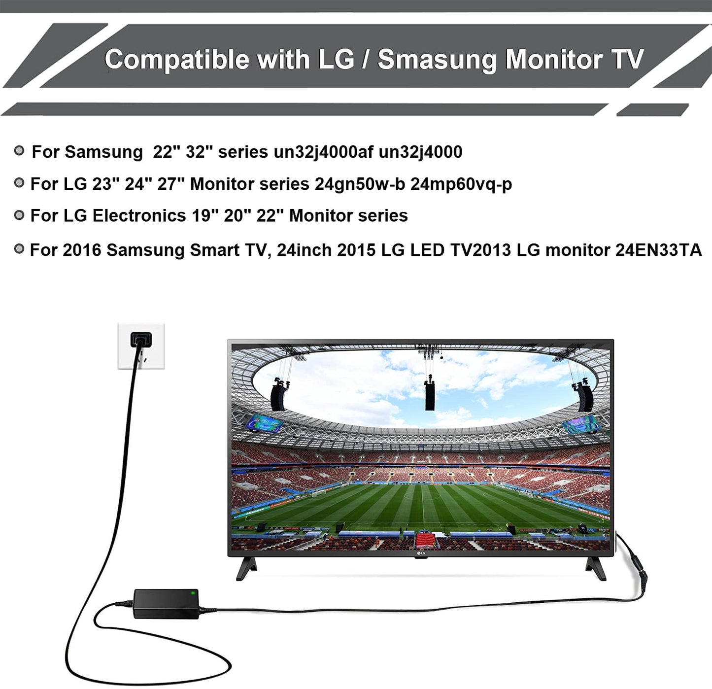 19V 2.53A TV AC Adapter fit for LG Widescreen Monitor 19" 20" 22" 23" 24" 27" Electronics Widescreen 24gn50w-b 24mp60vq-p 24m38h-b 24mc37d-b, Samsung…
