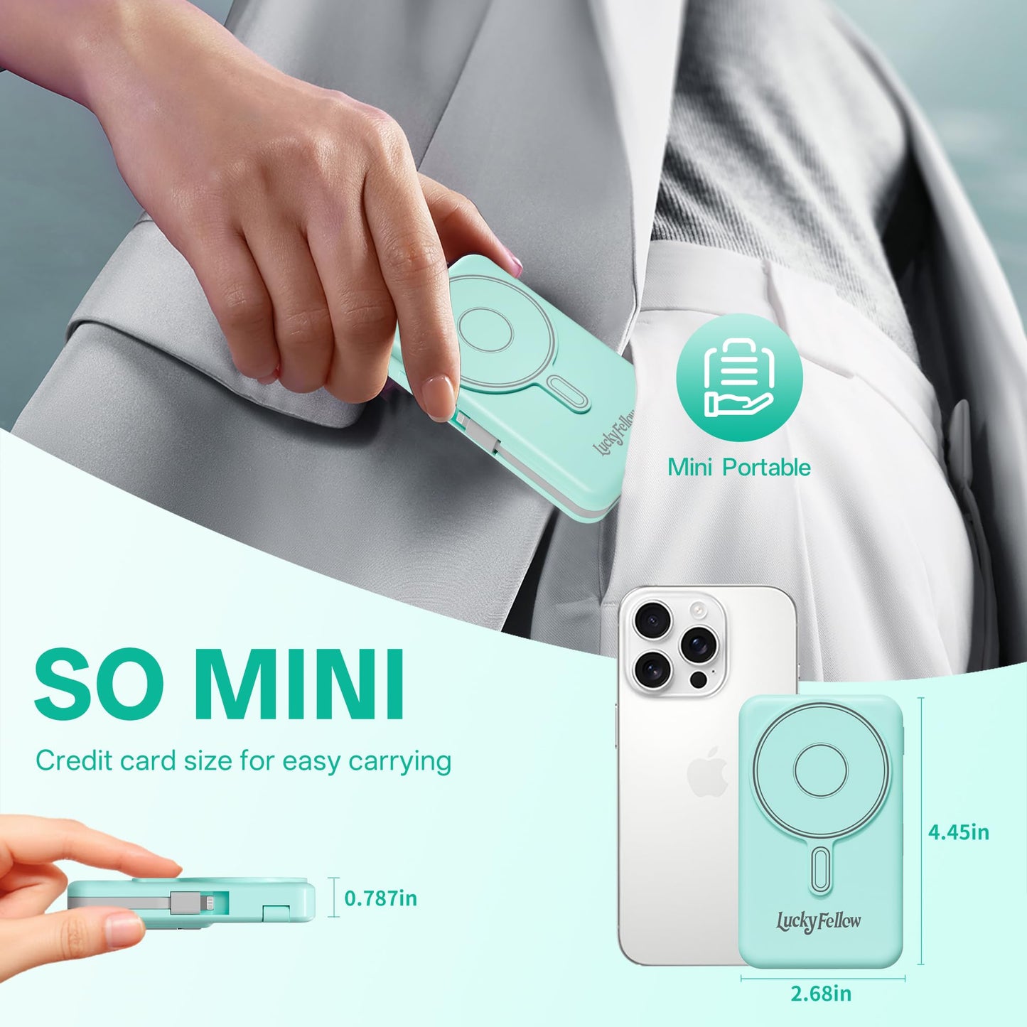 LUCKYFELLOW Magnetic Portable Charger Built-in Cables,10000mAh Fast Charging Wireless Charger Station External Battery Pack Slim Pocket Size Power