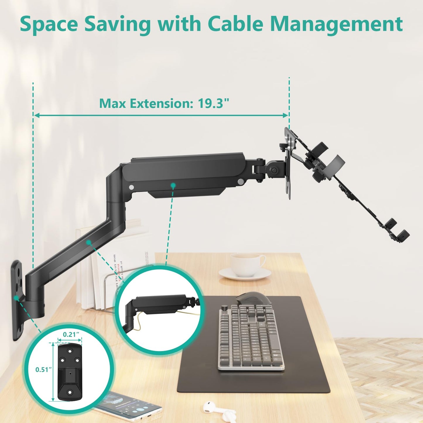 WALI Laptop Wall Mount, Single Monitor Arm for 17" Notebook and Up to 32" Screen, Full Motion Adjustable Monitor Wall Mount with Laptop Tray, VESA