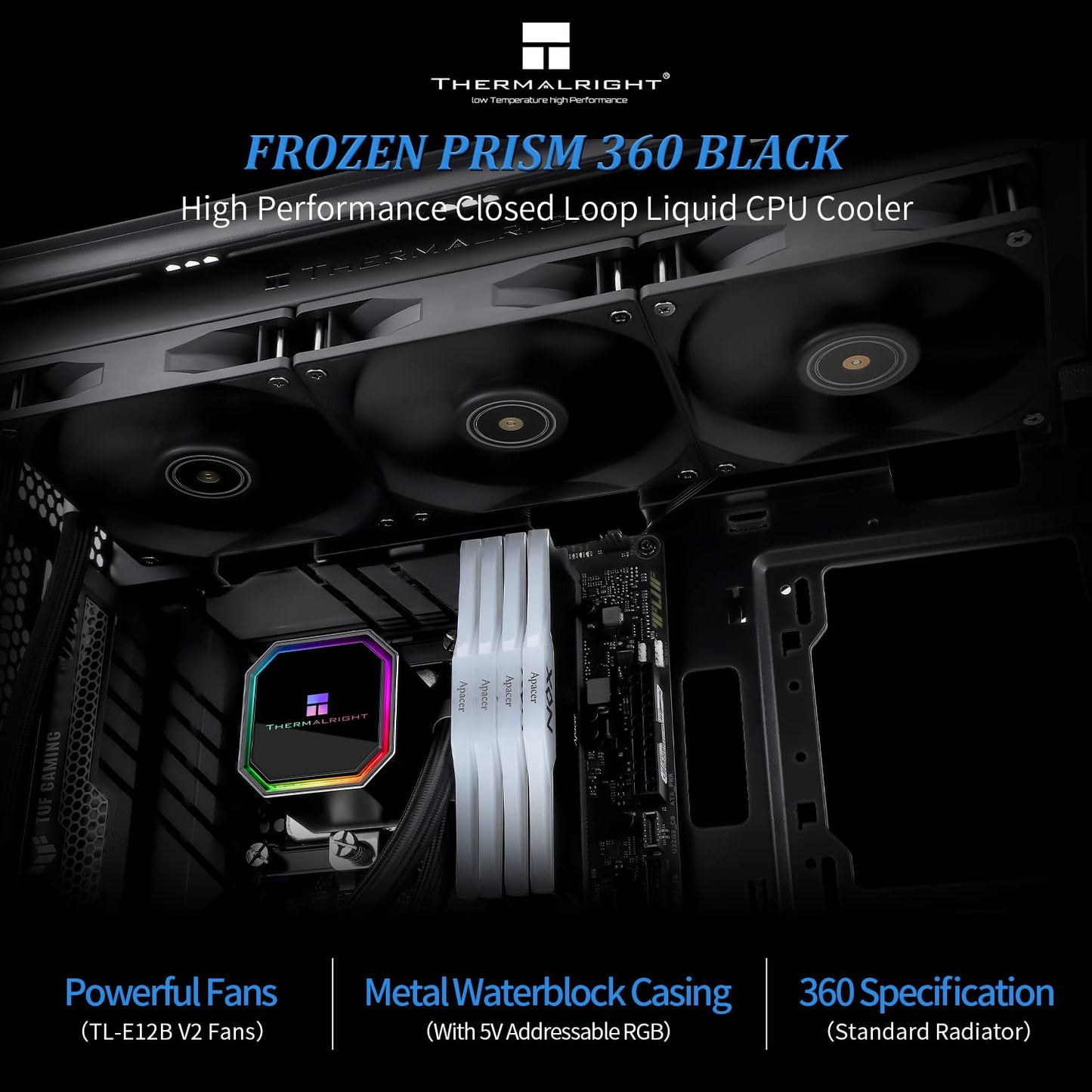 Thermalright Frozen Prism 360 Black AIO Water Cooler,Liquid CPU Cooler, 3×120mm PWM Fans Water Cooling System,1850RPM High Speed,Compatible