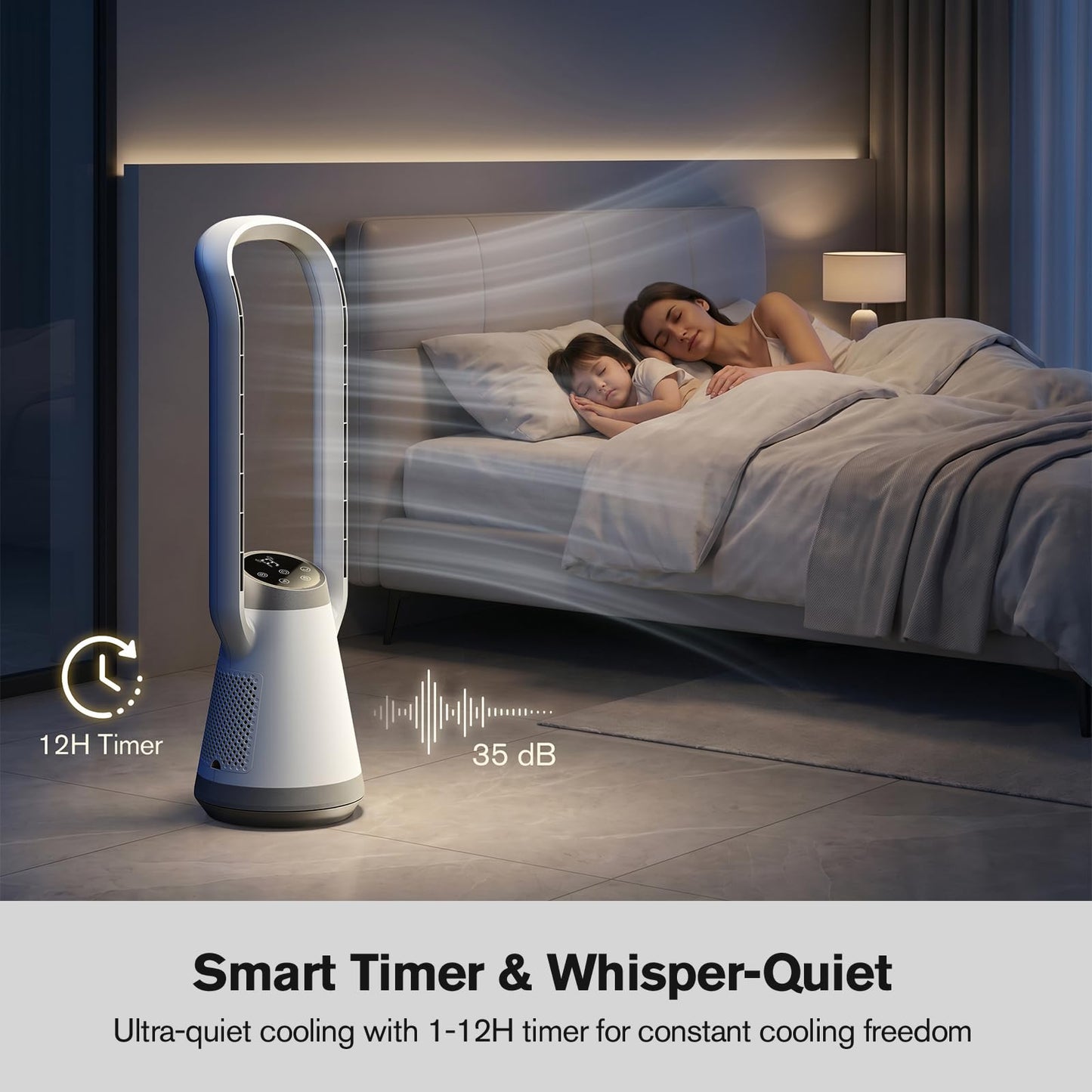 34.2" Bladeless Tower Fan for Bedroom, 70° Oscillating, Quiet DC Motor
