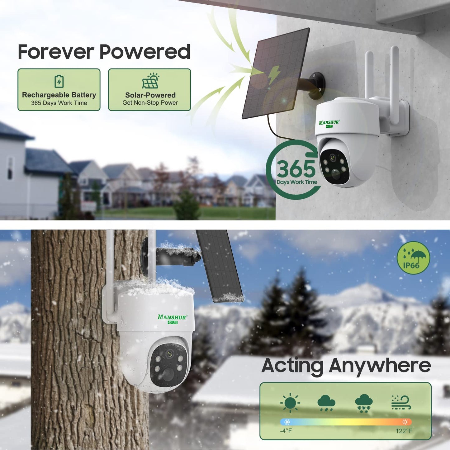 Manshur® 4G LTE Cellular Security Camera Outdoor Wireless, Cameras Without WiFi Needed 360°PTZ 2K/3MP Color Night Vision, 2 Way Talk, PIR Motion