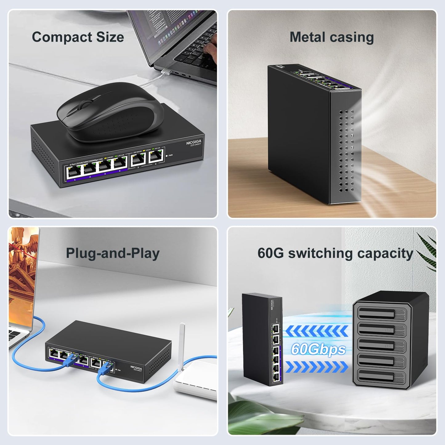 10Gbe Ethernet Switch Unmanaged with 2 x 10Gb RJ45 Ports ? 4 x 2.5Gb Base-T Ports, Desktop/Wall Mount NICGIGA 6 Port 10Gbps Network Switch