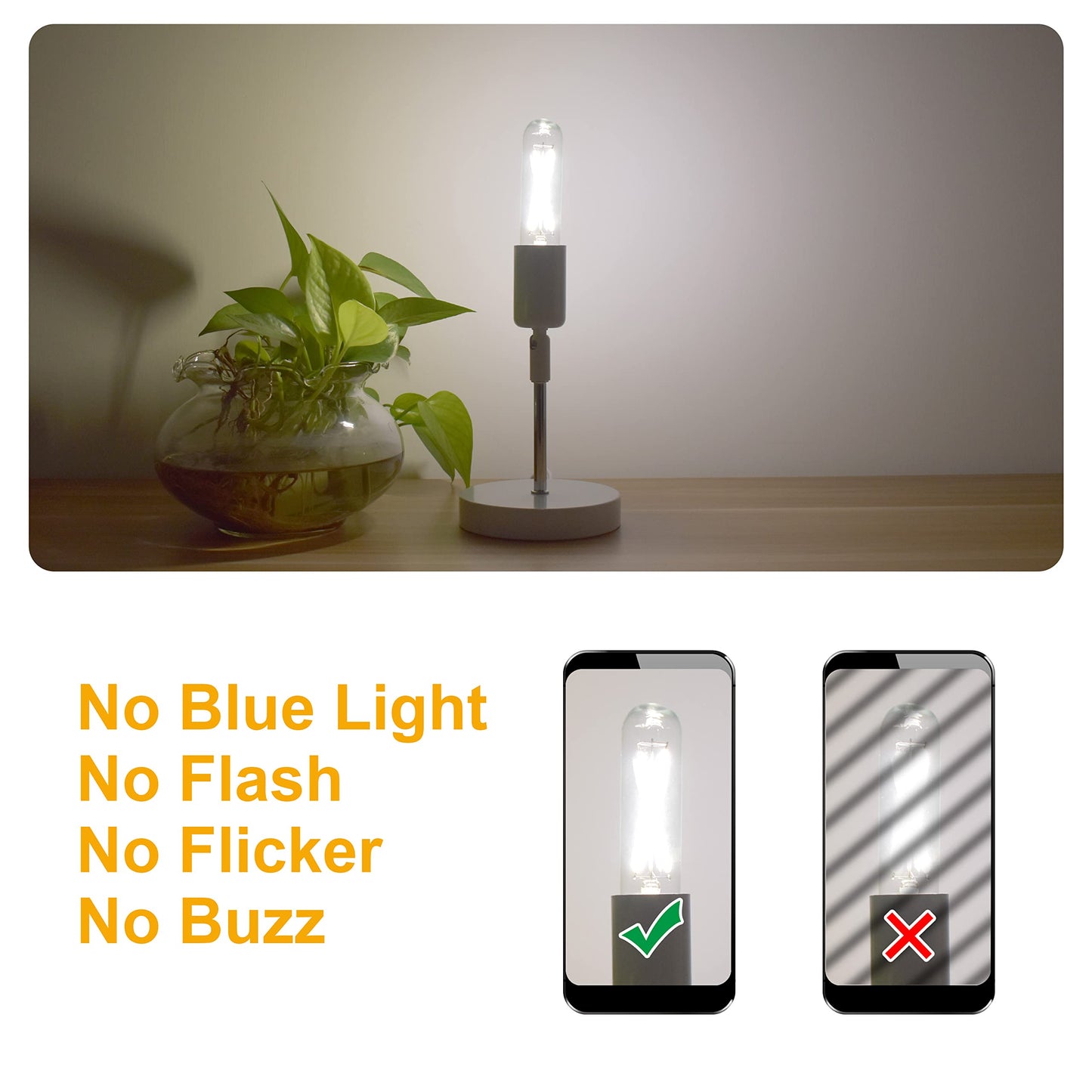 EQ Lighting Dimmable T10 Edison Led Tube Bulb 5000k Daylight White, 2W Vintage Tubular Led Filament Bulbs 25W Equivalent, E26 Base Lamp Bulb
