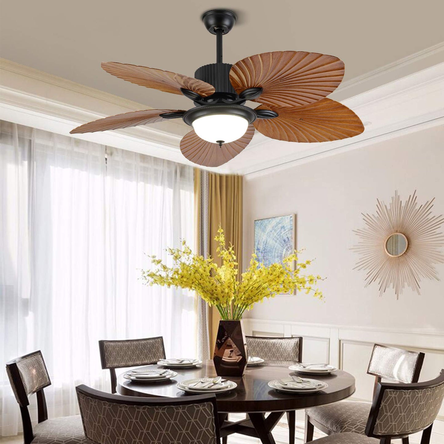 52 Inch Tropical Ceiling Fan with Light and Remote Control, 5 Palm Leaf Blades, Dimmable LED Light, Farmhouse Ceiling Fan Light Fixture for Indoor