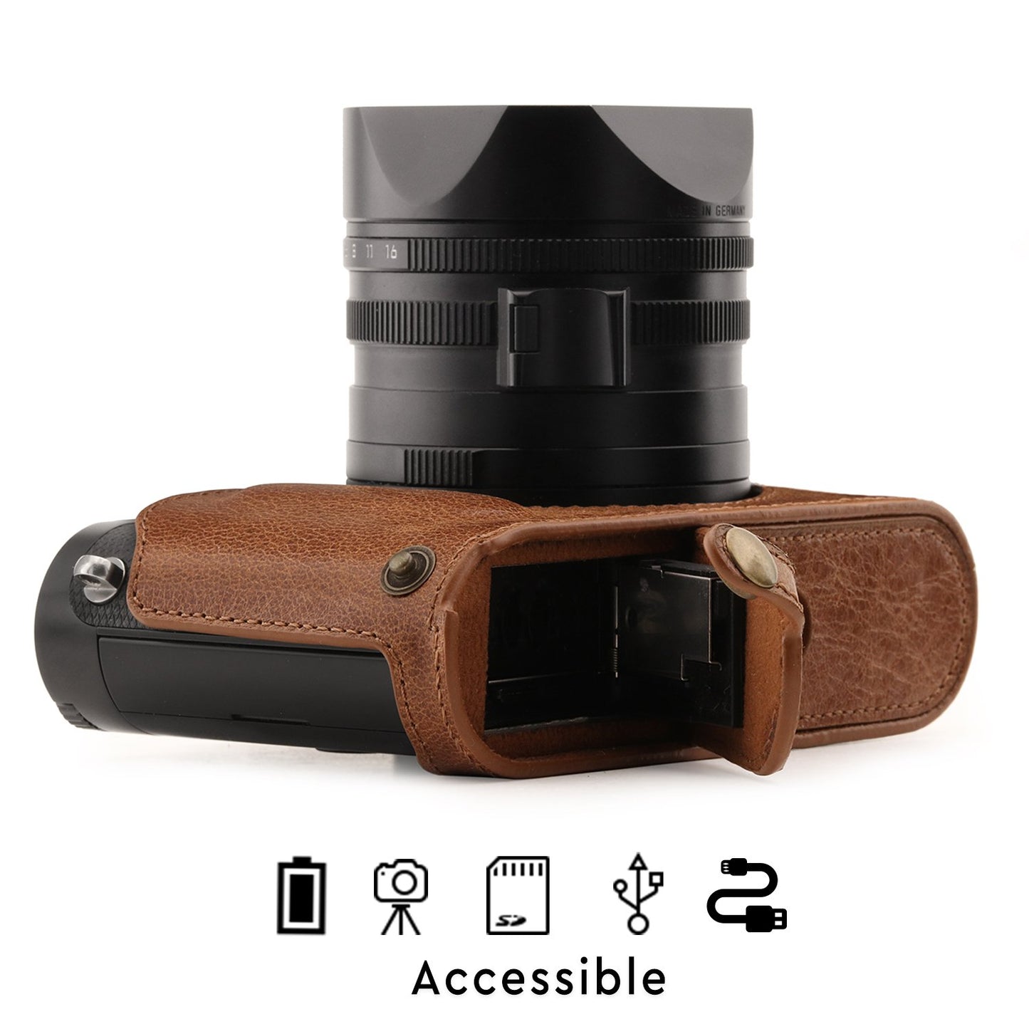 Megagear MG1401 Leica Q-P, Q (Typ 116) Ever Ready Genuine Leather Camera Half Case and Strap, with Battery Access, Brown