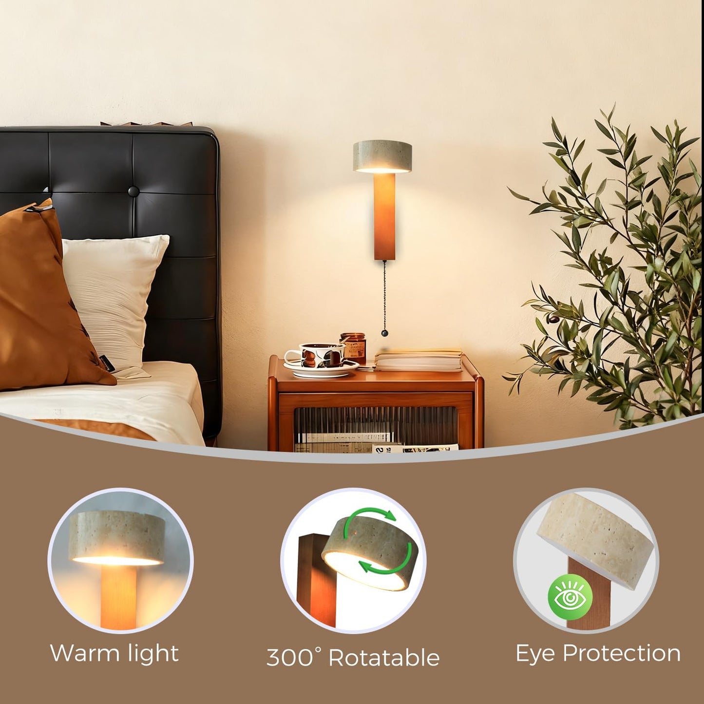 LED Wood Wall Sconce with Pull Chain Switch, Black Walnut Base with Rotatable Yellow Travertine Stone Lampshade, Built-in LED Light, Modern Rustic