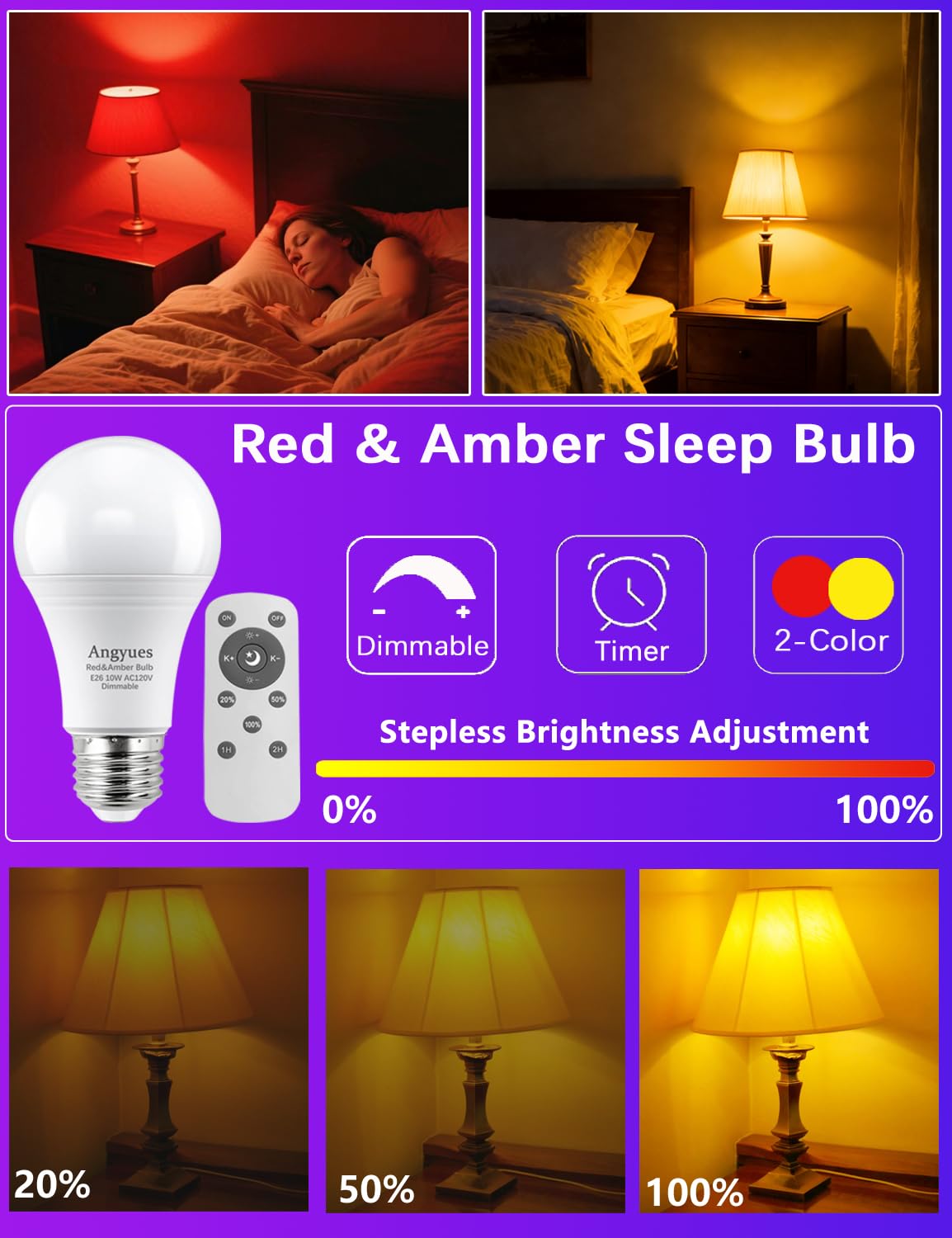 Angyues Red and Amber Sleep Bulb with Remote Control Choose 660nm Red Light or 1800K Amberlight,Timer Function, 10W Blue Light Blocking A19 Bulb, E26