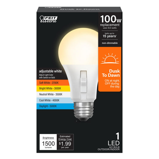 Feit Electric A21 LED Dusk-to-Dawn Light Bulb, 100W Eq, 5CCT, E26 Base