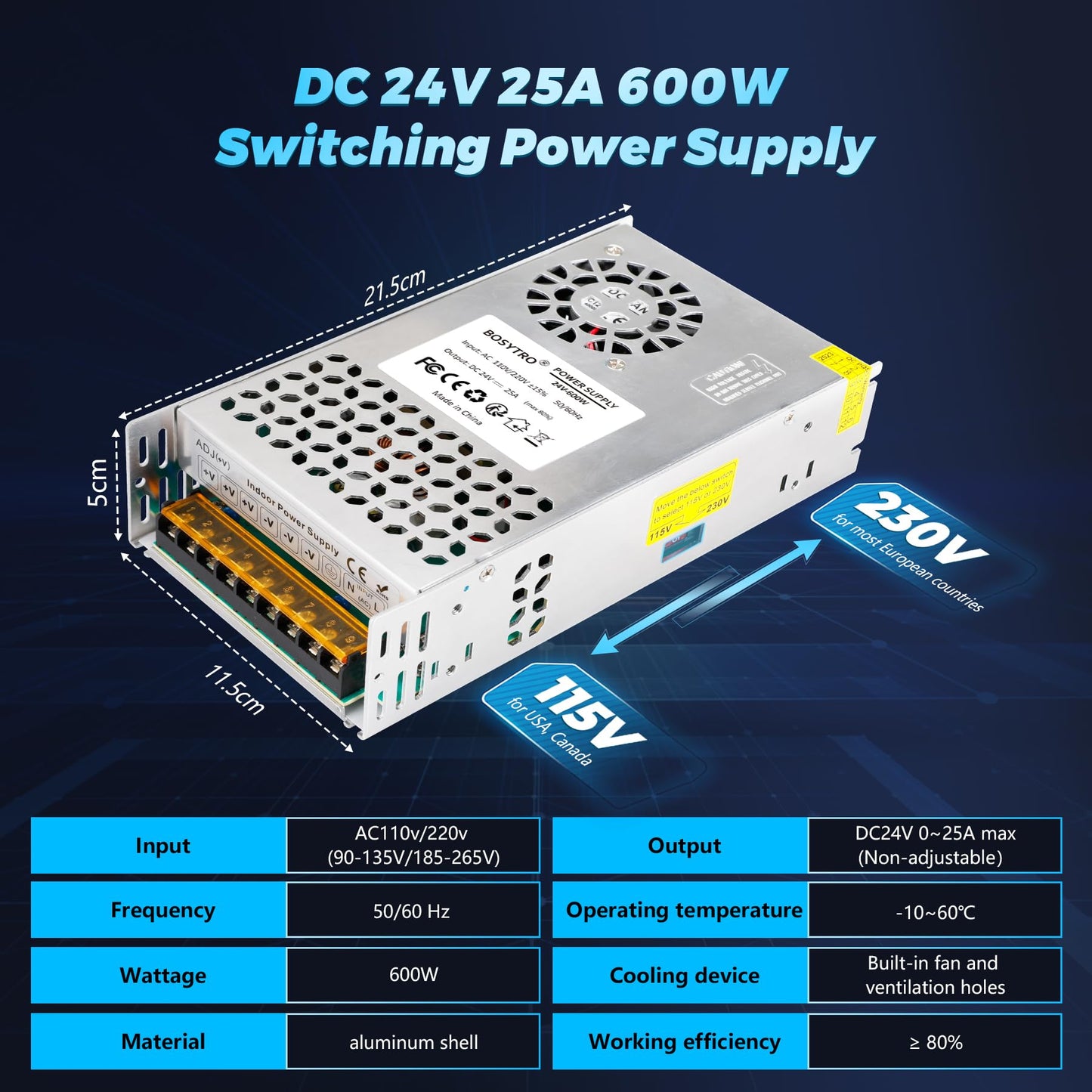 BOSYTRO 24V 25A 600W DC Switching Power Supply, AC 110v to 24v Converter (SMPS), 24 Volt Power Supply for LED Strip Light, CCTV Camera Security…