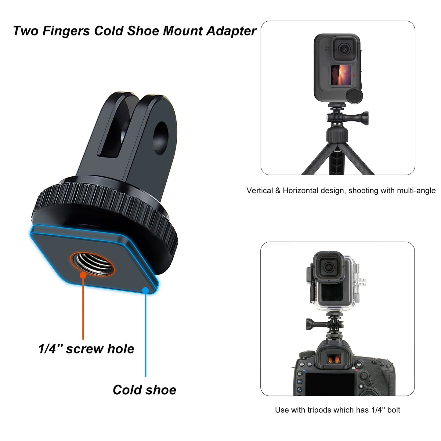SOONSUN Tripod Mount Kit with 1/4"-20 Conversion Adapter and Cold Shoe Mount with 1/4" Thread, Compatible with GoPro Hero 13 12 11 10 9 8 7 6 5, DJI