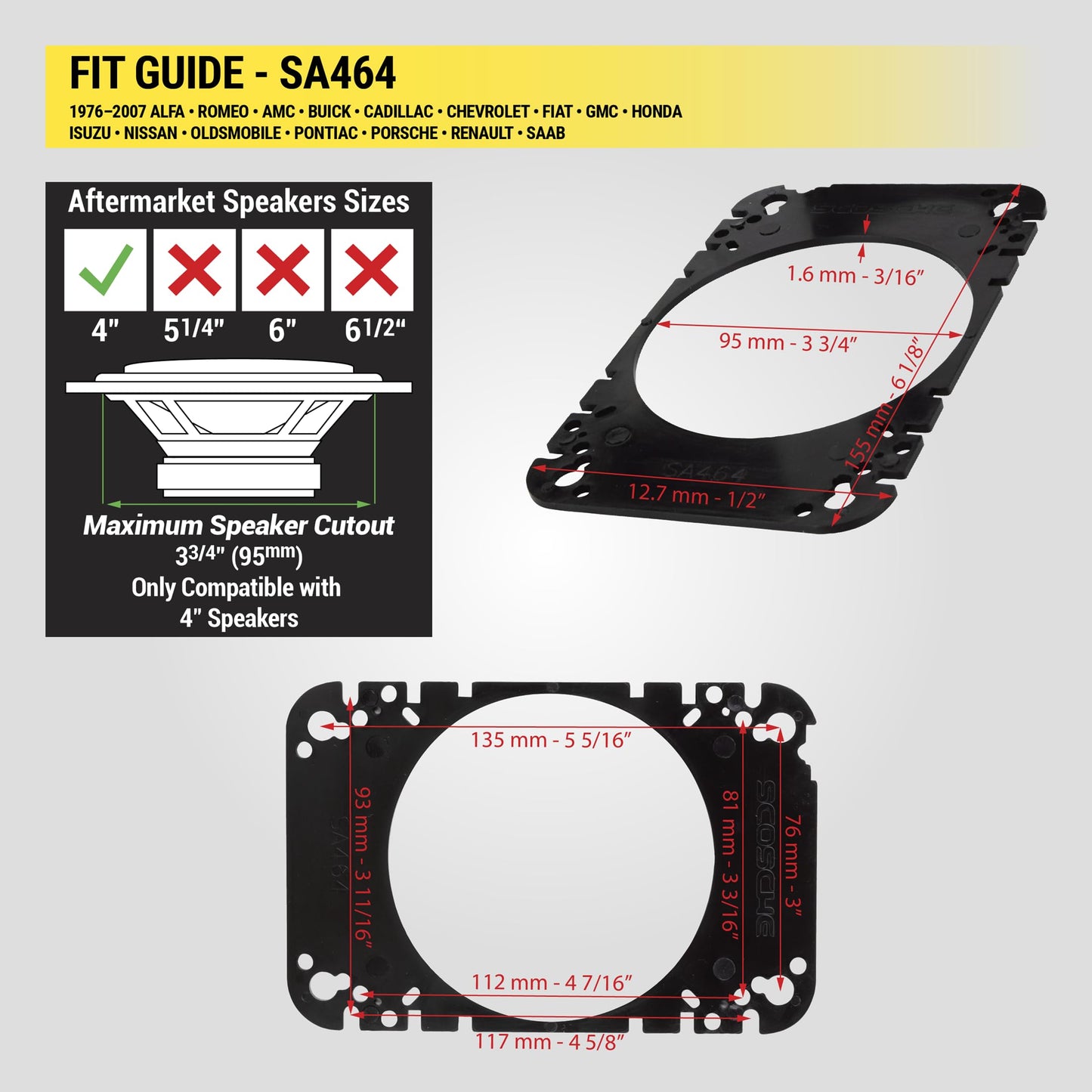 Scosche SA464 4x6” to 4" Car Speaker Adapters Compatible with Select 1976-07 Import and Domestic Vehicles - Adapter Spacers for Car Door and Dash
