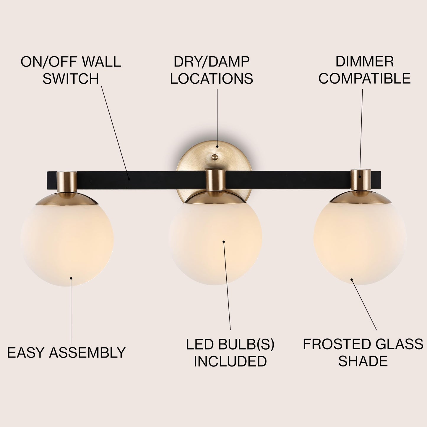 JONATHAN Y 24" Brass Gold/Black Modern Globe LED Vanity Wall Sconce Light, White Frosted Glass Shade, Mid-Century Art Deco Wall Lamp for Bathroom