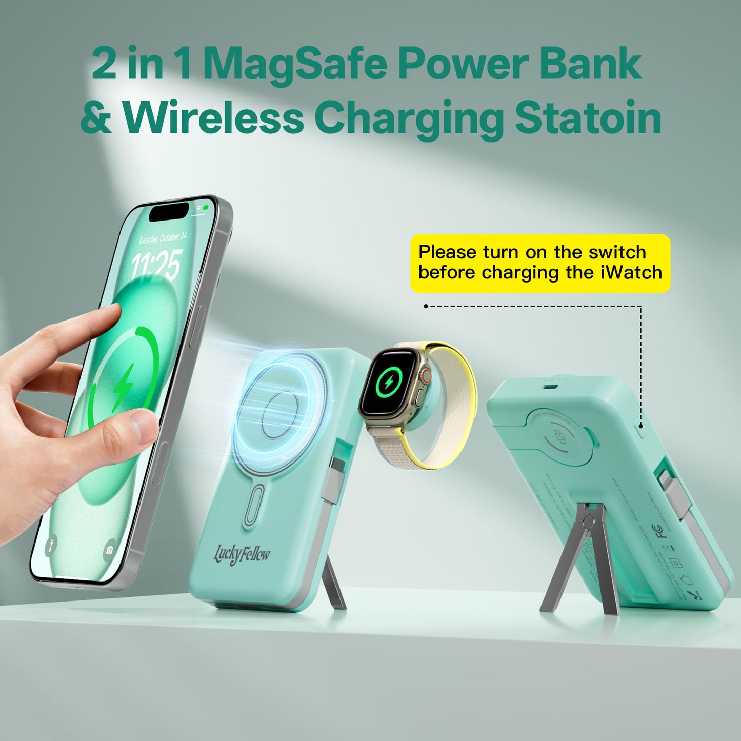 LUCKYFELLOW Magnetic Portable Charger Built-in Cables,10000mAh Fast Charging Wireless Charger Station External Battery Pack Slim Pocket Size Power
