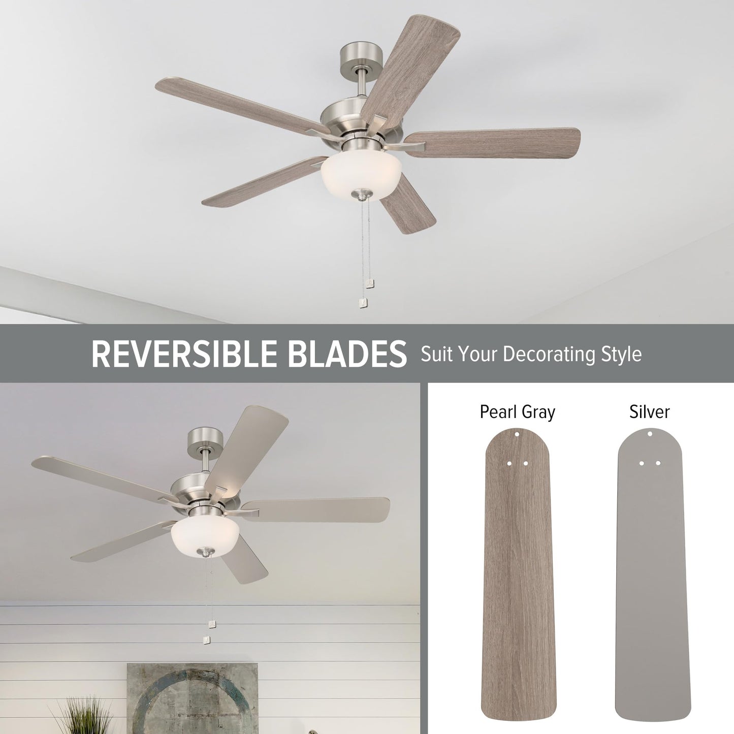 DESIGNERS FOUNTAIN Gallant II Ceiling Fan with Lights, 52 Inch LED 3000K Indoor Outdoor 5-Blades Fan, Pull Chain, Brushed Nickel, FP-GLT52B30A-BN