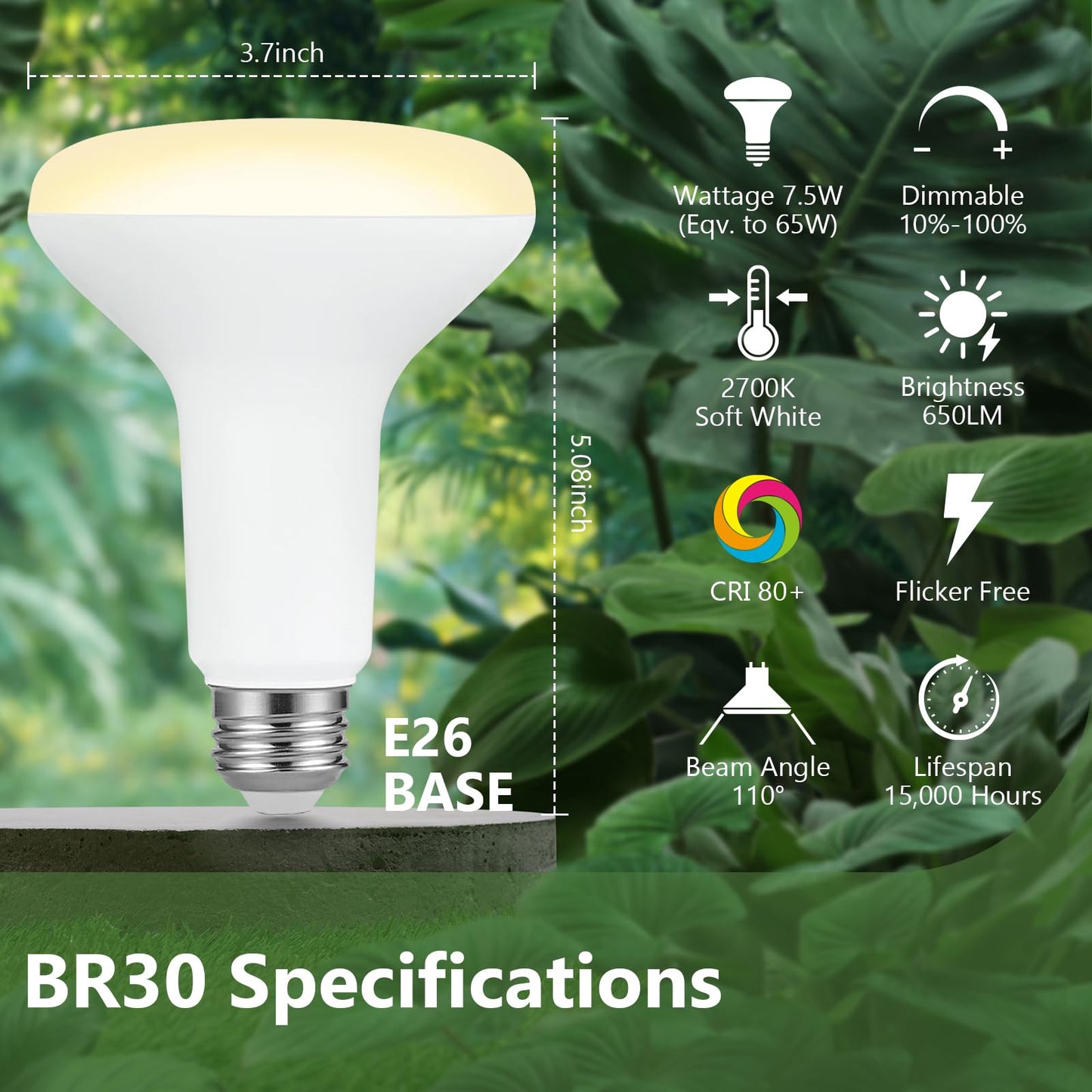 Sigalux BR30 LED Flood Light Bulbs, 7.5W Equivalent 65W, 650LM, Dimmable, 2700K Soft White, CRI 80, 110° Beam Angle, E26 Base, Energy-Efficient Indoor