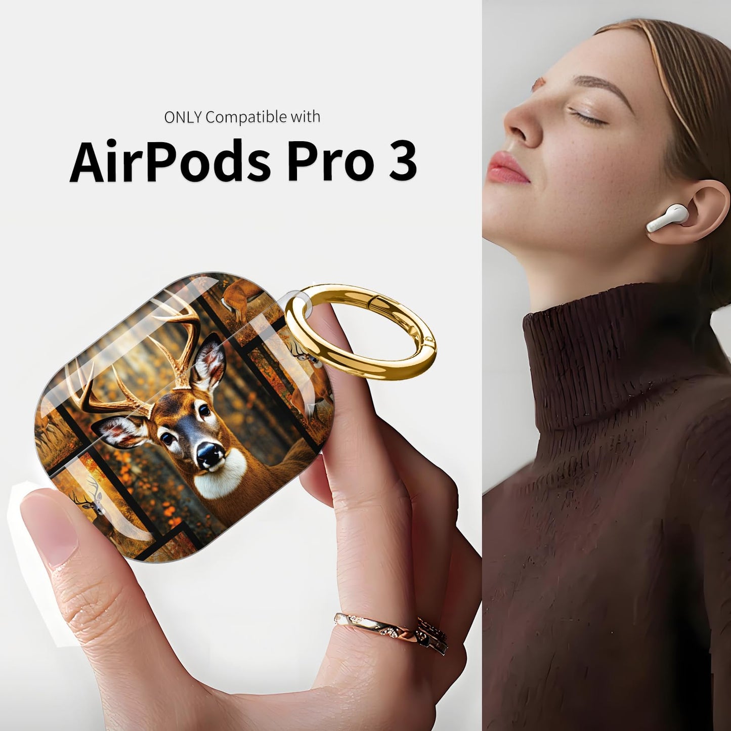 SXboxing Compatible with AirPod Pro 3 Case (2025), Shockproof Dustproof Protective Cover with Cute Golden Keychain for Women & Girls - Deer Forest
