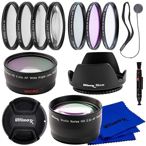 Ultimaxx 58MM Complete Lens Filter Accessory Kit with 58MM 2.2X Telephoto and .43x Wide Angle/Macro Lenses for: Canon EOS Rebel 9000D 800D 760D 750D