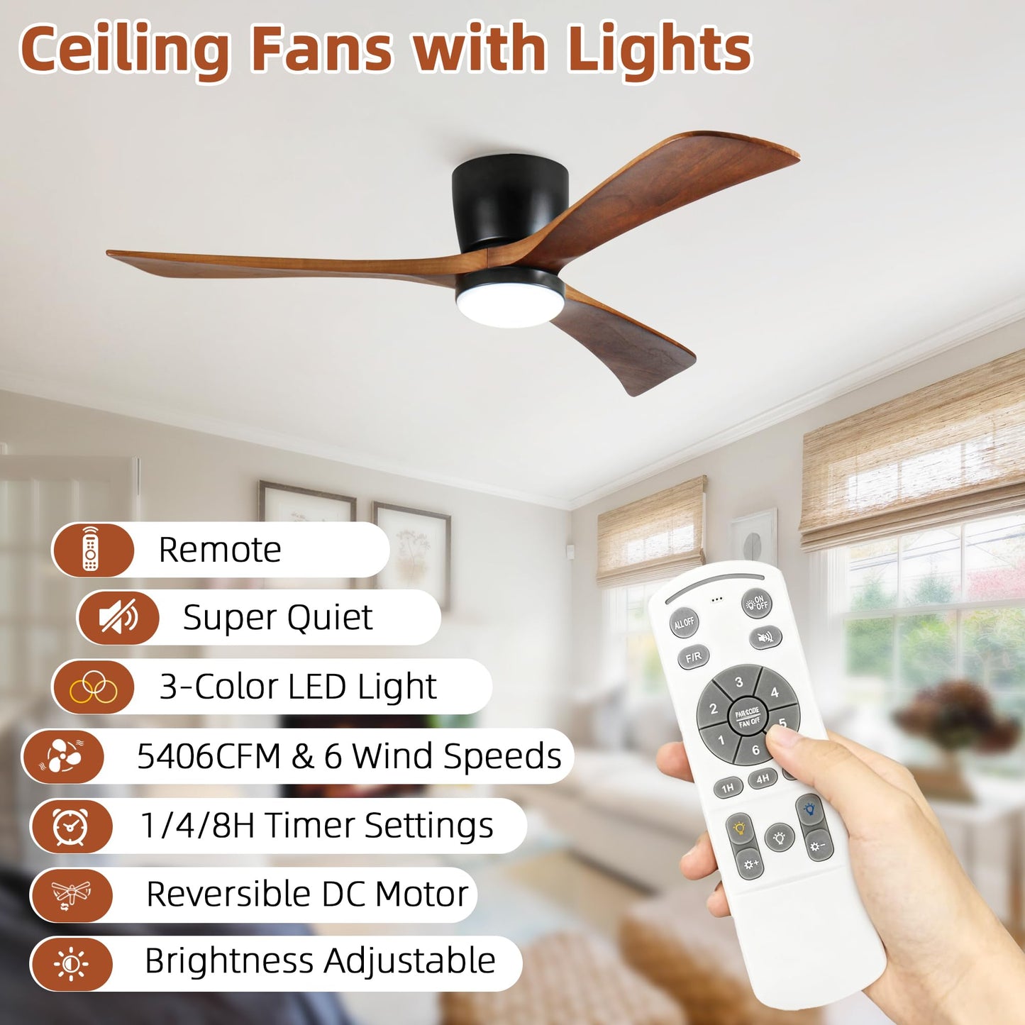 Wanze of ocean Ceiling Fans with Lights 52 Inch Flush Mount, Wood Blade, LED Dimmable DC Reversible Modern Ceiling Fan with Remote Control