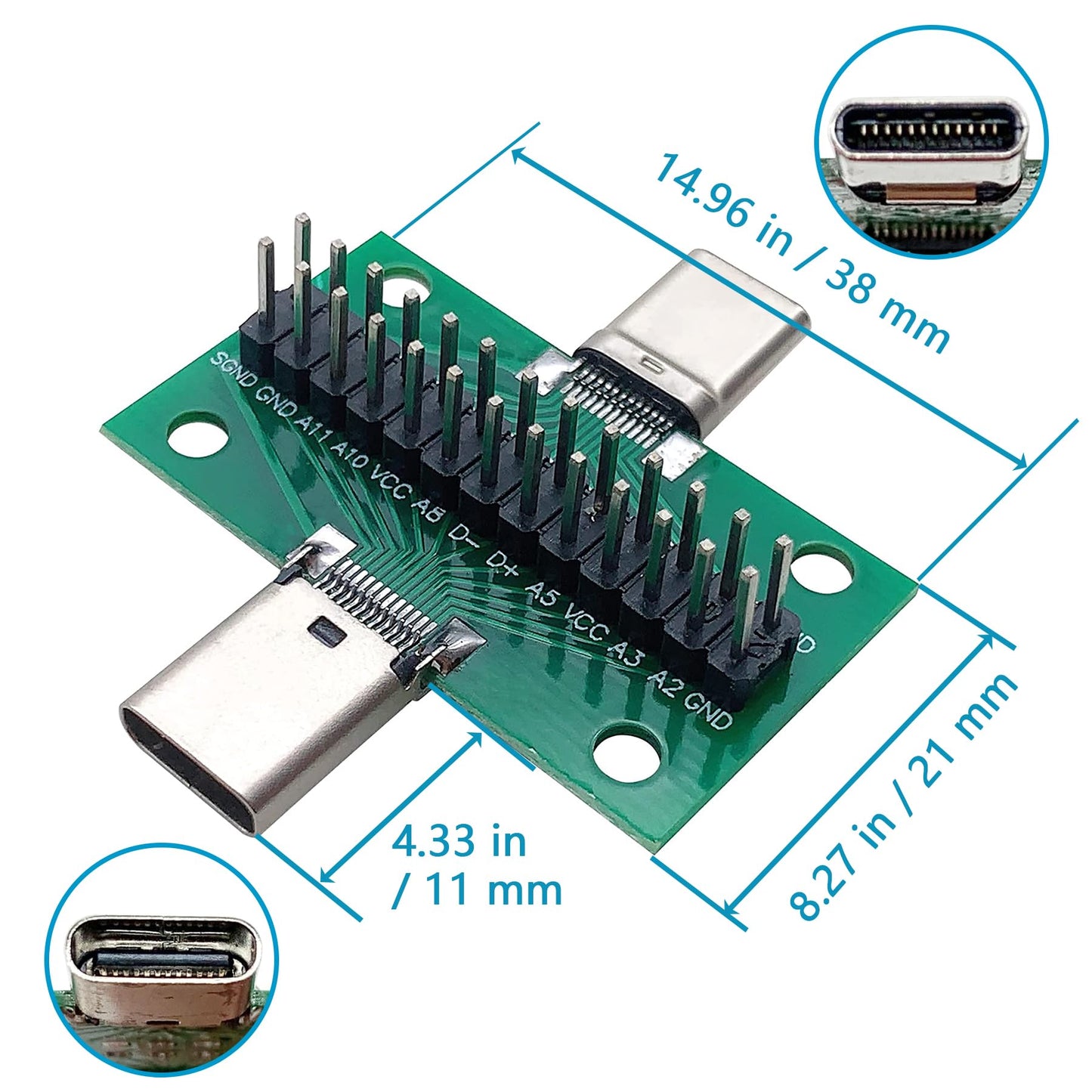 minidodoca 2 Pcs USB 3.1 Type-C Male to Female Test Board with PCB Board 24 Pins 2.54 mm Double-Sided Socket with pin Header Connector,Dupont Wire…