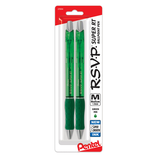 Pentel RSVP Super RT Ballpoint Pen, (1.0mm) Medium Line, Green Ink, Pack of 2 (BX480BP2D)