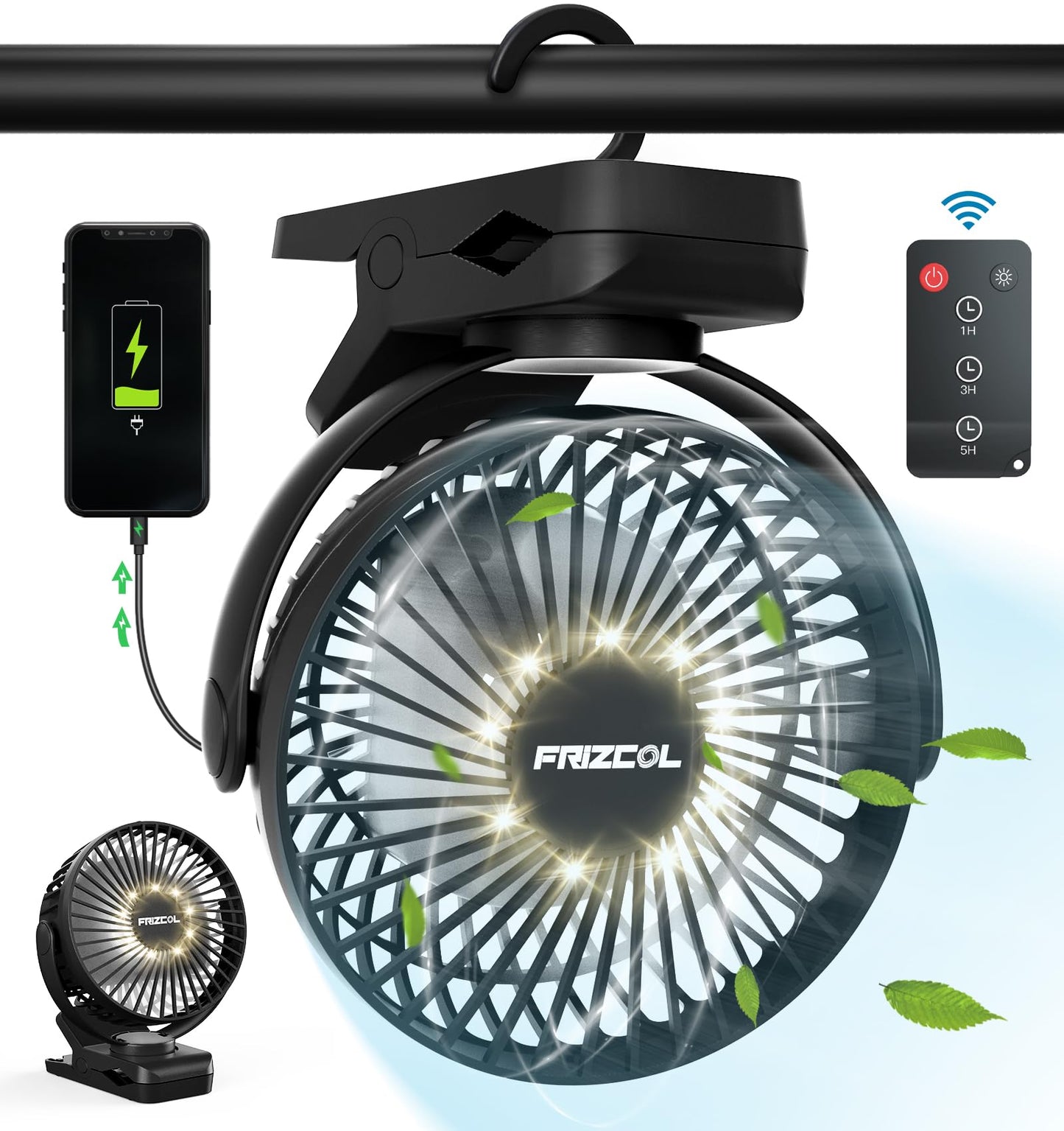 Camping Fan, 12000mAh Clip on Fans with LED Lights/ Remote/ Hooks/3 Levels
