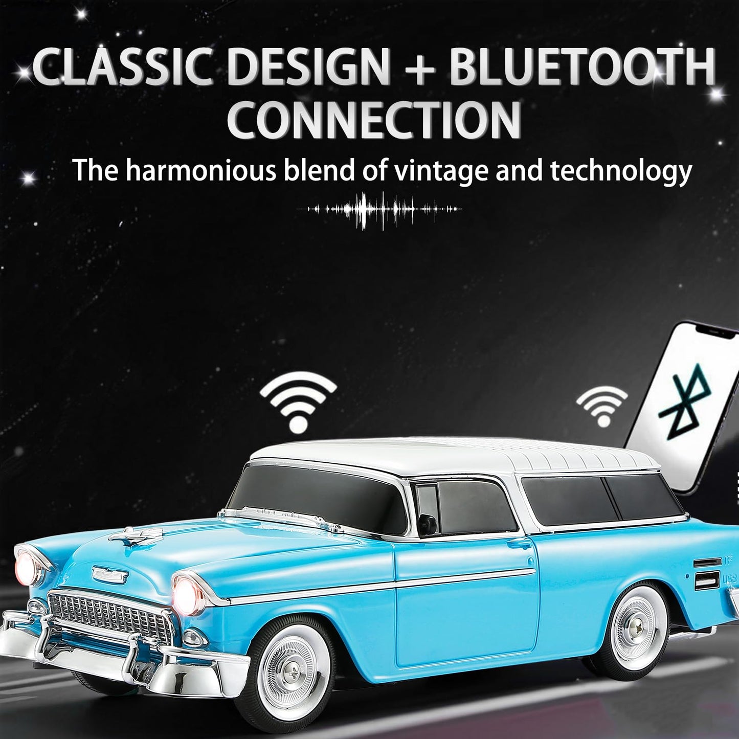 WSTER WS-1955 Retro Sedan Bluetooth Replica Speaker - Portable Wireless Car Model with HD Sound, TWS, FM, LED Party Light, USB/TF, Type-C, Hands-Free