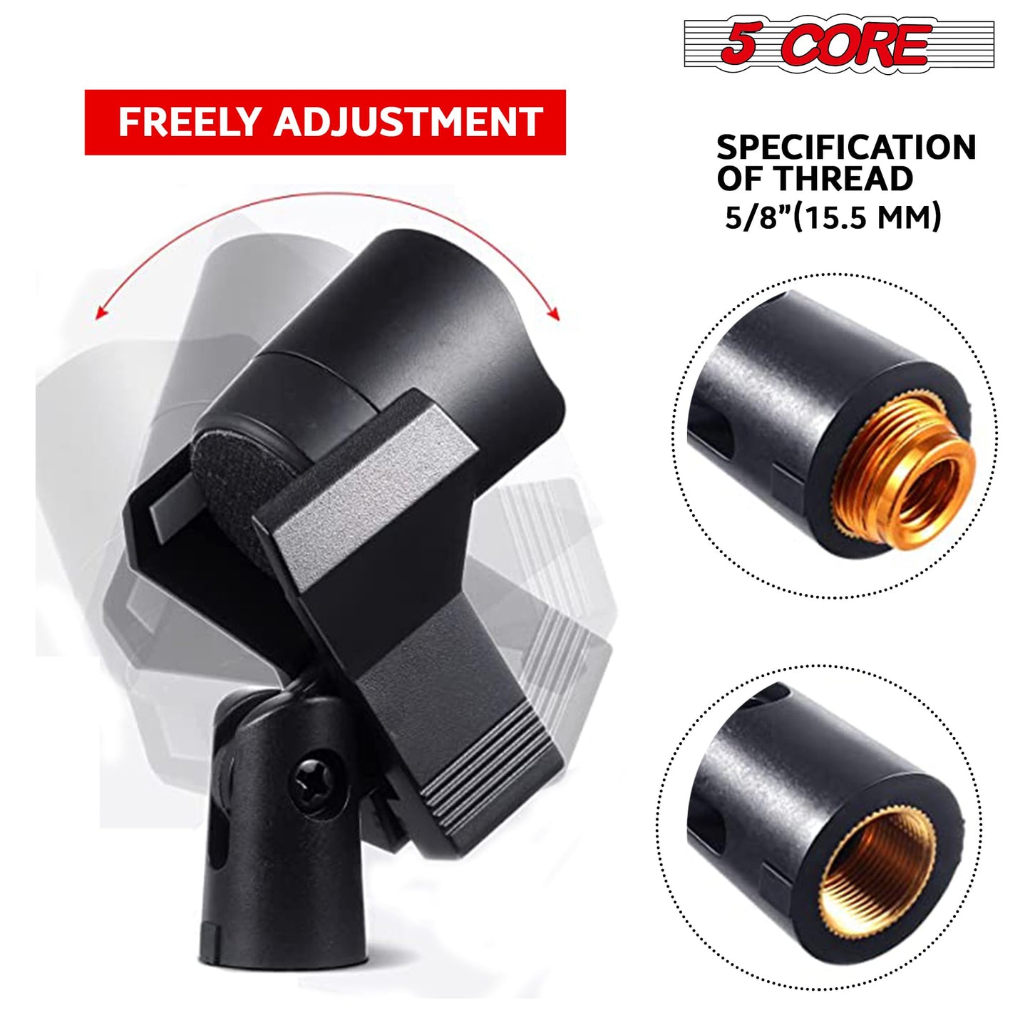 5 Core Microphone Mic Clip Holder for Mic Stand 5Pcs Universal Adjustable with 5/8" Male to 3/8" Female Screw Adapter Suitabl - MC 04 5PCS