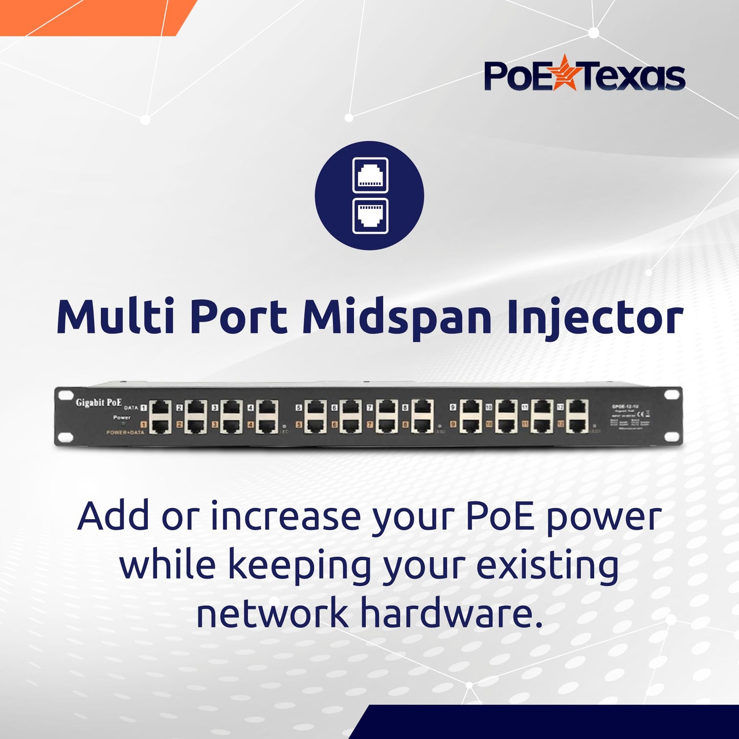 PoE Texas - PoE Injector - 12 Port Gigabit Passive Midspan Injector with 48V 120 Watt UL Power Supply - Power Over Ethernet for 802.3af or at (PoE+)