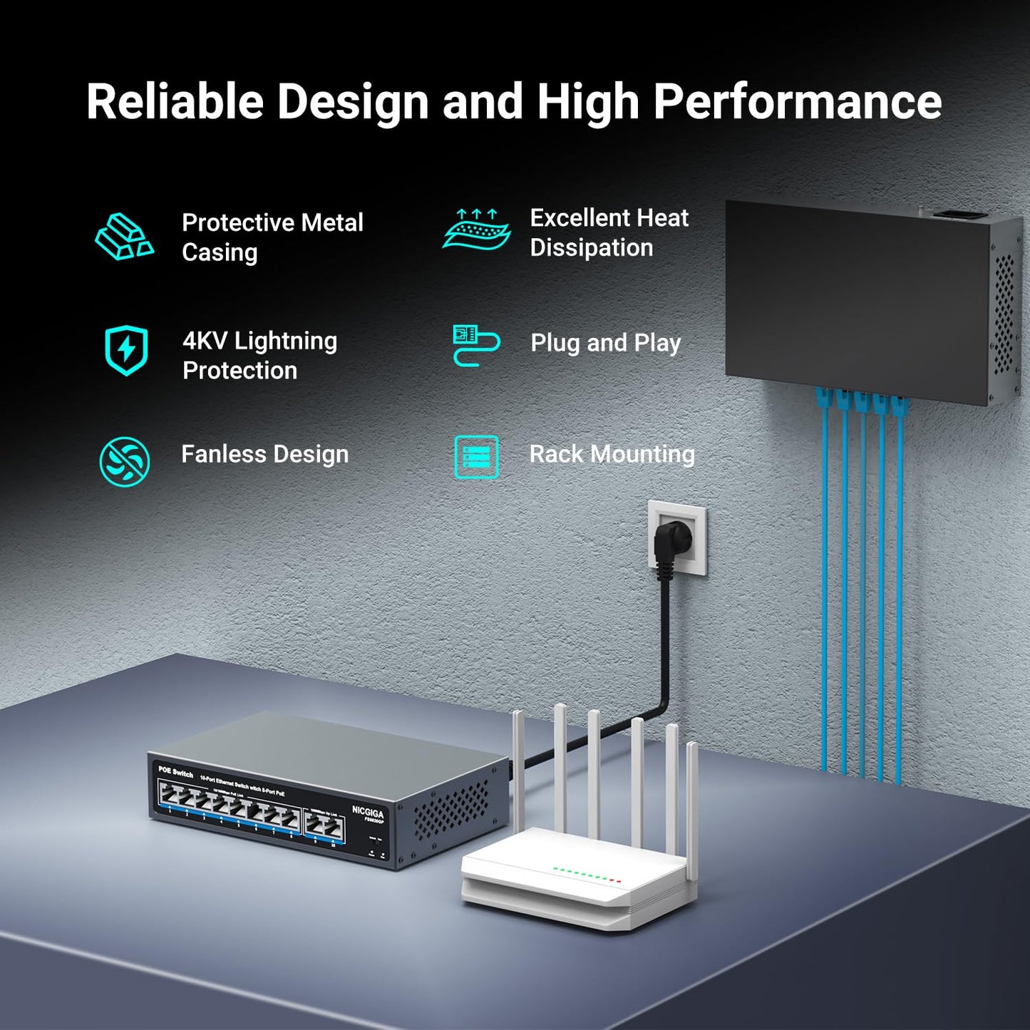 8 Port PoE Switch with 8 Ports 100Mbps PoE+@120W + 2 * Gigabit Uplink Port, NICGIGA 10 Port 802.3af/at Power Over Ethernet Network Switch Unmanaged