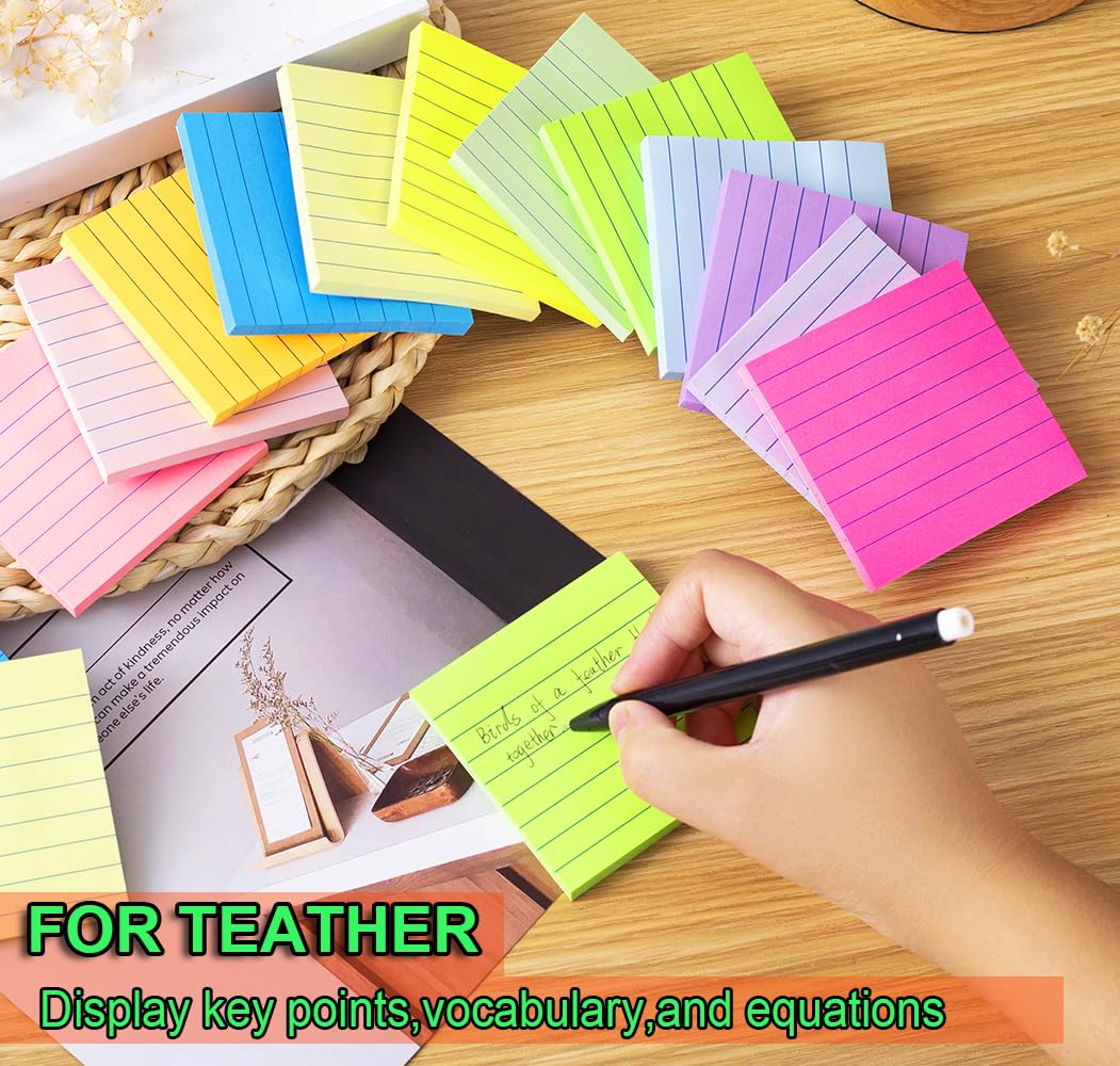 (24 Pack) Lined Sticky Notes 3x3 in,Bright Notepads with Lines