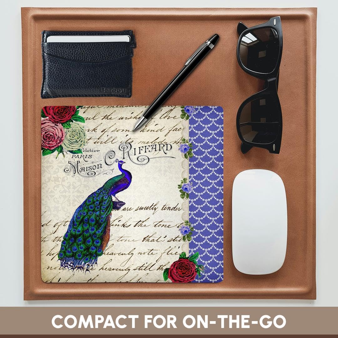 3dRose LLC 8 x 8 x 0.25 Inches Vintage Peacock on Cream Red Roses Flowers Royal Blue Fancy Stylish Elegant Hand Text Pattern Mouse Pad (mp_76592_1)