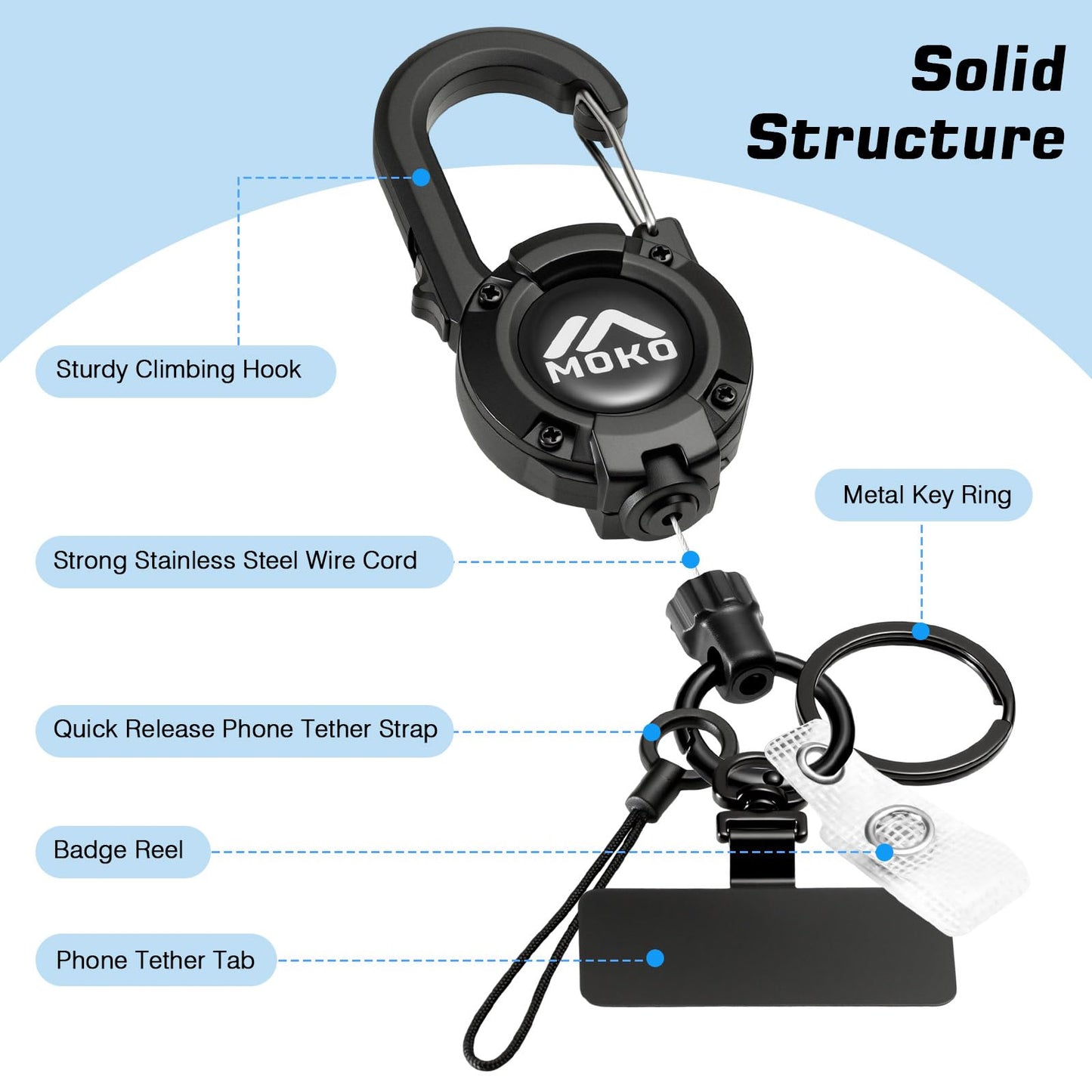 MoKo Anti-theft Phone Tether Lanyard, Retractable & Lockable Steel Line Anti-Drop Phone Strap with 360° Tether Tab, Badge Reel, Keychain for Outdoor