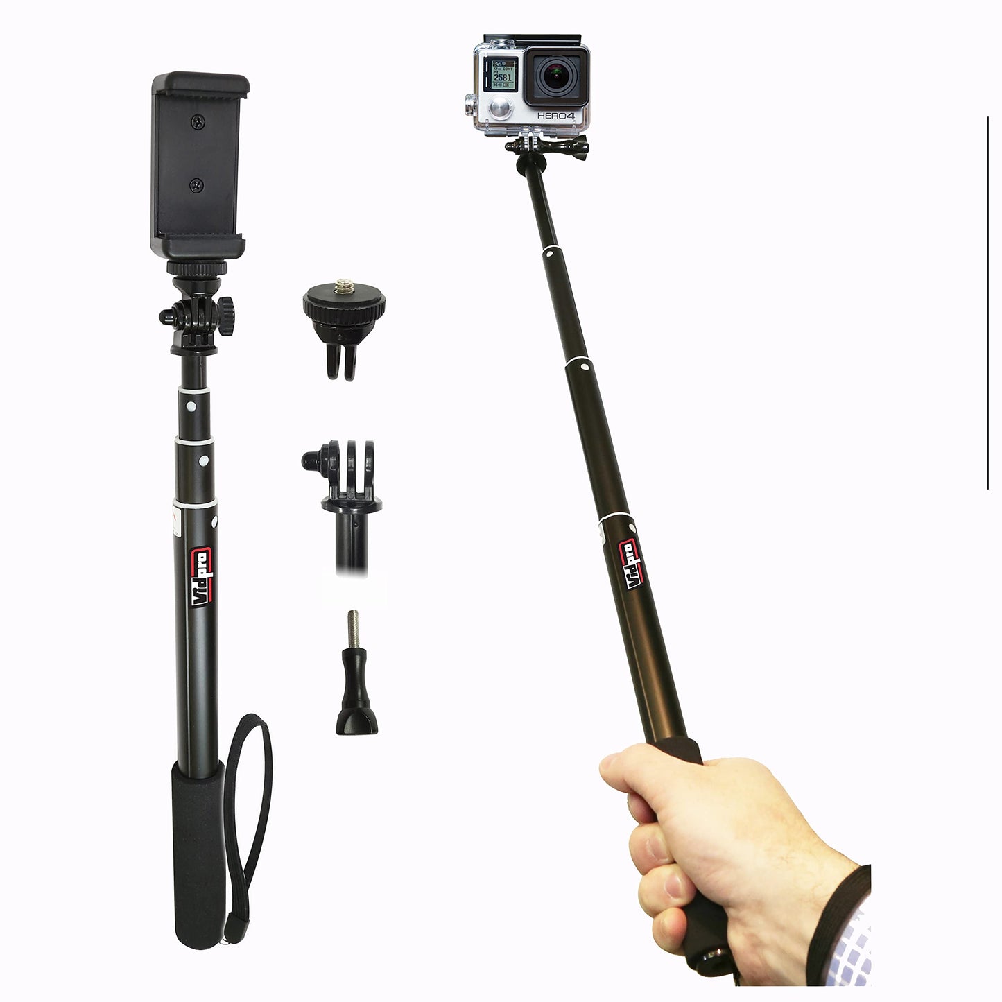 Vidpro MP20 Action Pole Lightweight 36inch Extendable Aluminum Monopod Collapses down to 10 inches Includes Integrated Mount for GoPro Phone Clamp