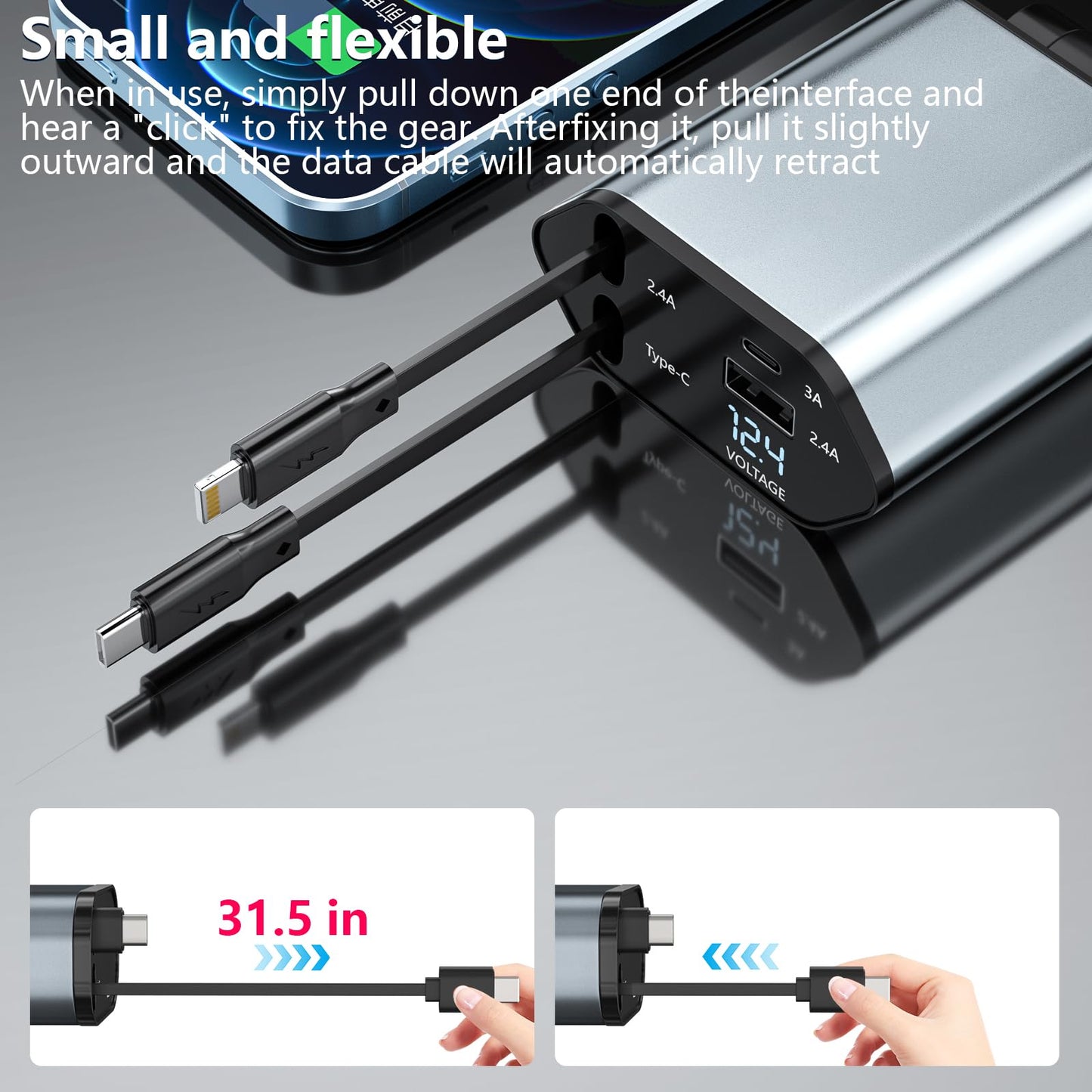 Retractable Car Charger, 120W 2.7Ft Retractable Cables and 4 Electronic Ports, Car Accessories Compatible for iOS & Android Cell Phones All Device