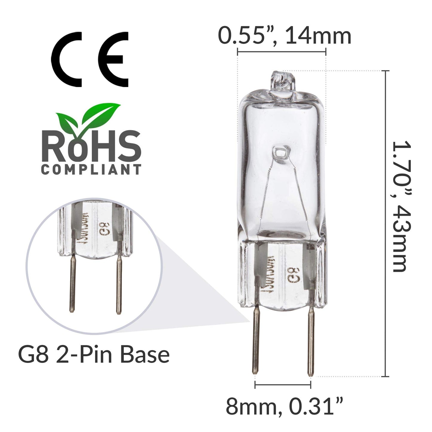 Simba Lighting Halogen Light Bulb G8 T4 35W JCD Bi-Pin 120V, 2700K, 10 Pack