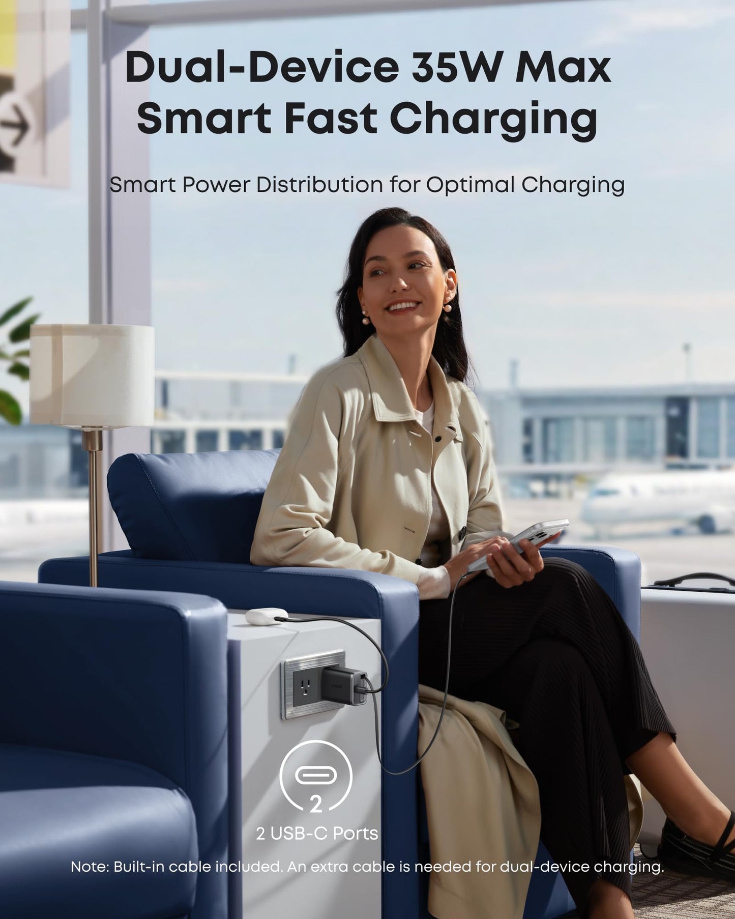 Anker Nano USB C Charger Block, 35W Max 2-Port High-Speed Compact Charger with Durable Built-in Anker InstaCord Retractable Cable, Works with iPhone
