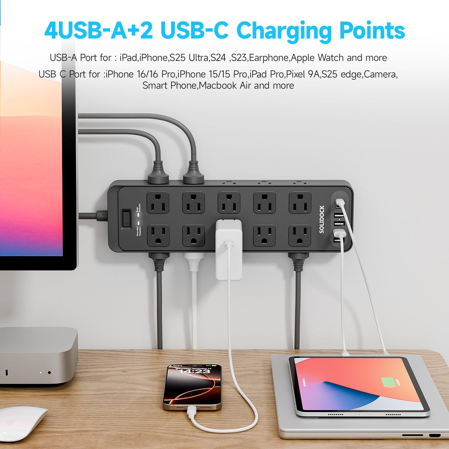 Solidock Flat Plug Power Strip Extension Cord with Multiple Outlets: 20 AC Outlets and 6 USB Ports (2 USB C) Surge Protector, 6Ft, 1875W/15A, 2700