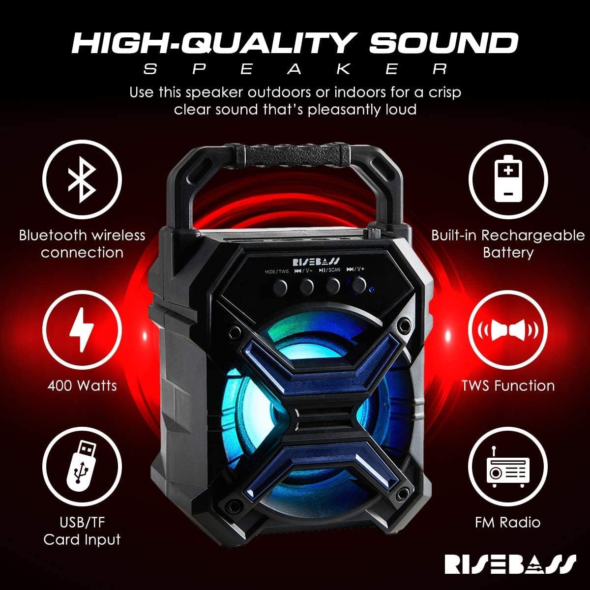 RISEBASS Portable Wireless Bluetooth Speaker for iPhone, Android, iPod and More - Rechargeable Bluetooth Speaker for Kids & Adults - Mini Speaker