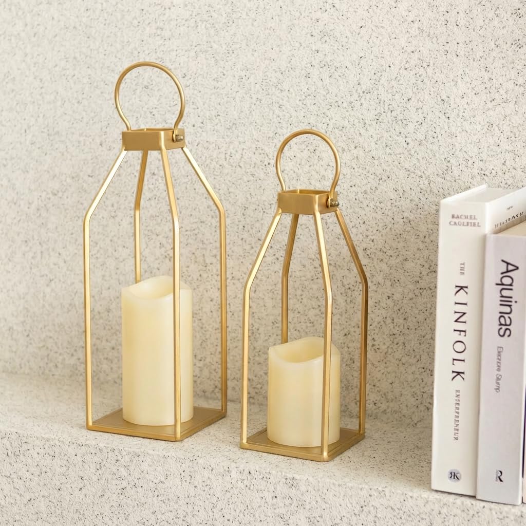 Perfnique Modern Farmhouse Lantern Decor, 15'' 12.6'' Set of 2 Gold Metal Lanterns, 2 LED 6hr Timer Flameless Candles ? Remote Timer, Lanterns