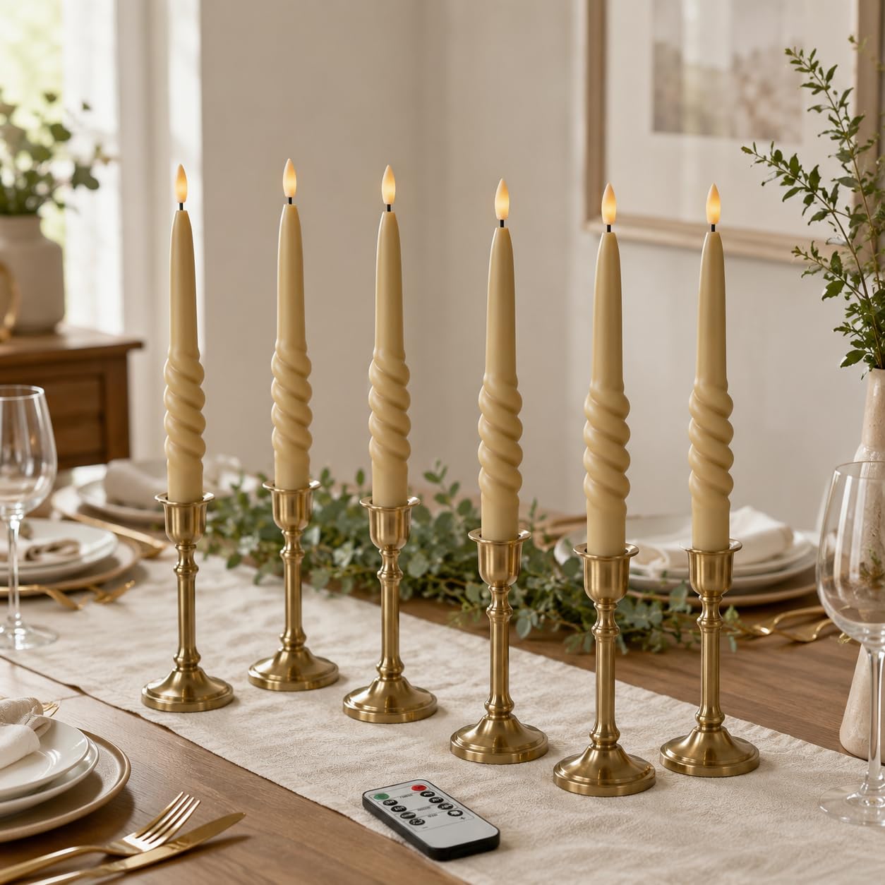 WYZworks 10" Smooth Taper with Twist LED Taper Candles - Light Tan, Set of 6 - Remote, 2/4/6/8-Hr Timer (24-hr Memory), Bottom On/Off Button