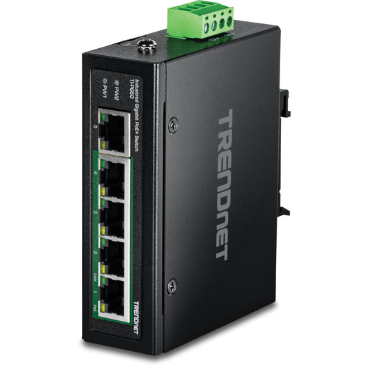 TRENDnet 5-Port Industrial Gigabit PoE+ DIN-Rail Switch, TI-PG50, 120W PoE Power Budget, 10Gbps Switching Capacity, Ethernet Splitter, NDAA & TAA