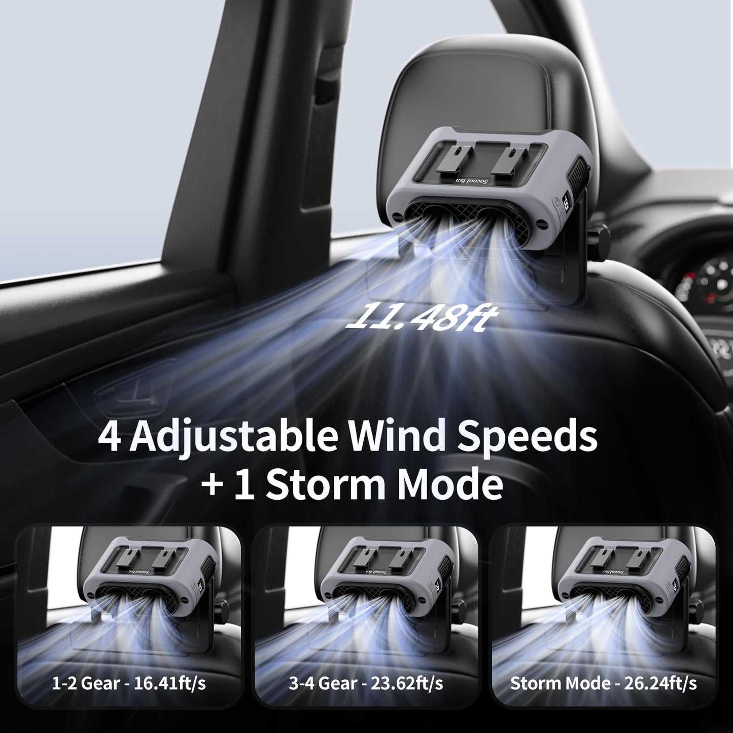 Socool Portable Car Fan Rechargeable Battery Opearated, Clip on Car Seat Headrest 360 Rotatable, 5-Speed Backseat Fans for Baby Rear Facing Cooling
