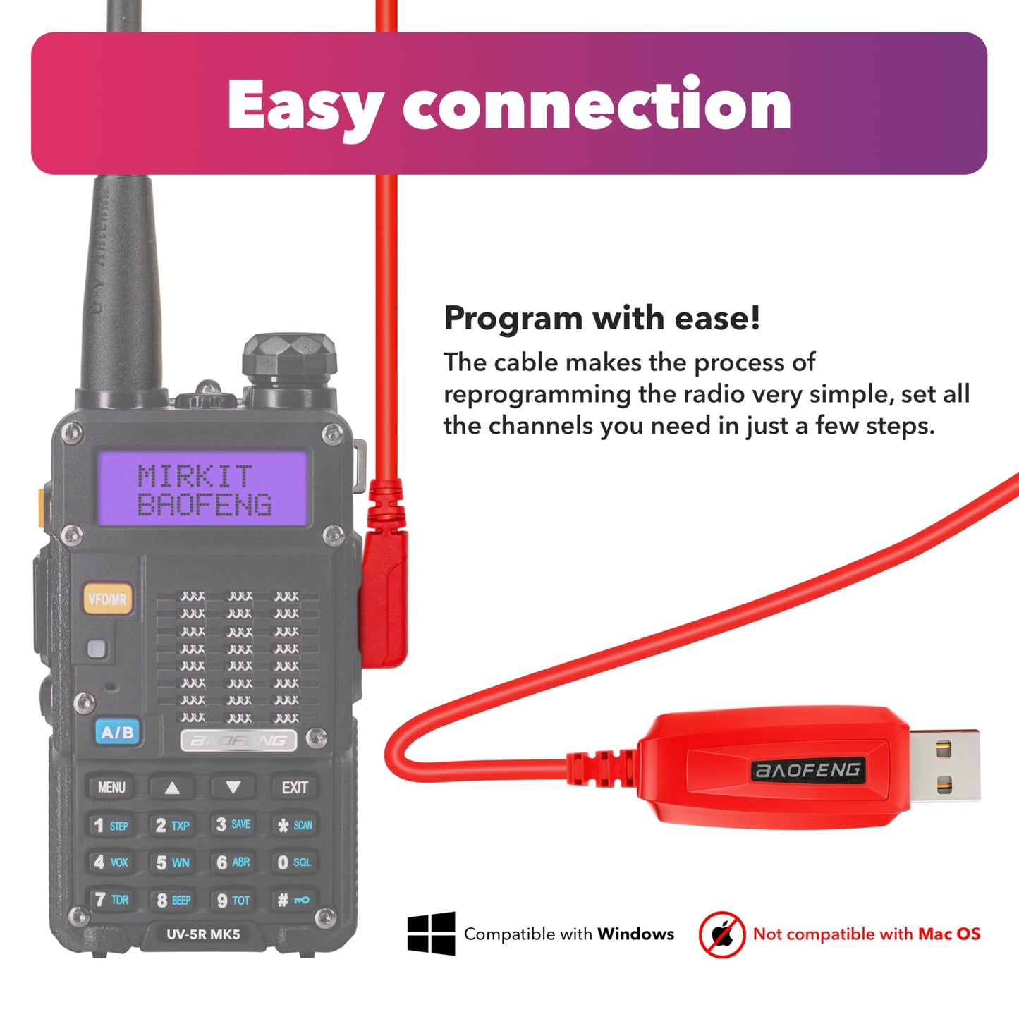 BAOFENG Programming Cable UV-5R/5RA/5R Plus/5RE, UV3R Plus, BF-888S, 5R EX, 5RX3, GA-2S, UV-82 (39-inch Mirkit Red, This one Works!)
