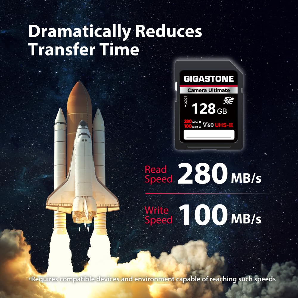 ?5-Years Data Recovery? GIGASTONE 128GB SD Card UHS-II V60 U3 SDXC Memory Card High Speed, Read up to 280MB/s, Compatible with Canon Kodak Olympus