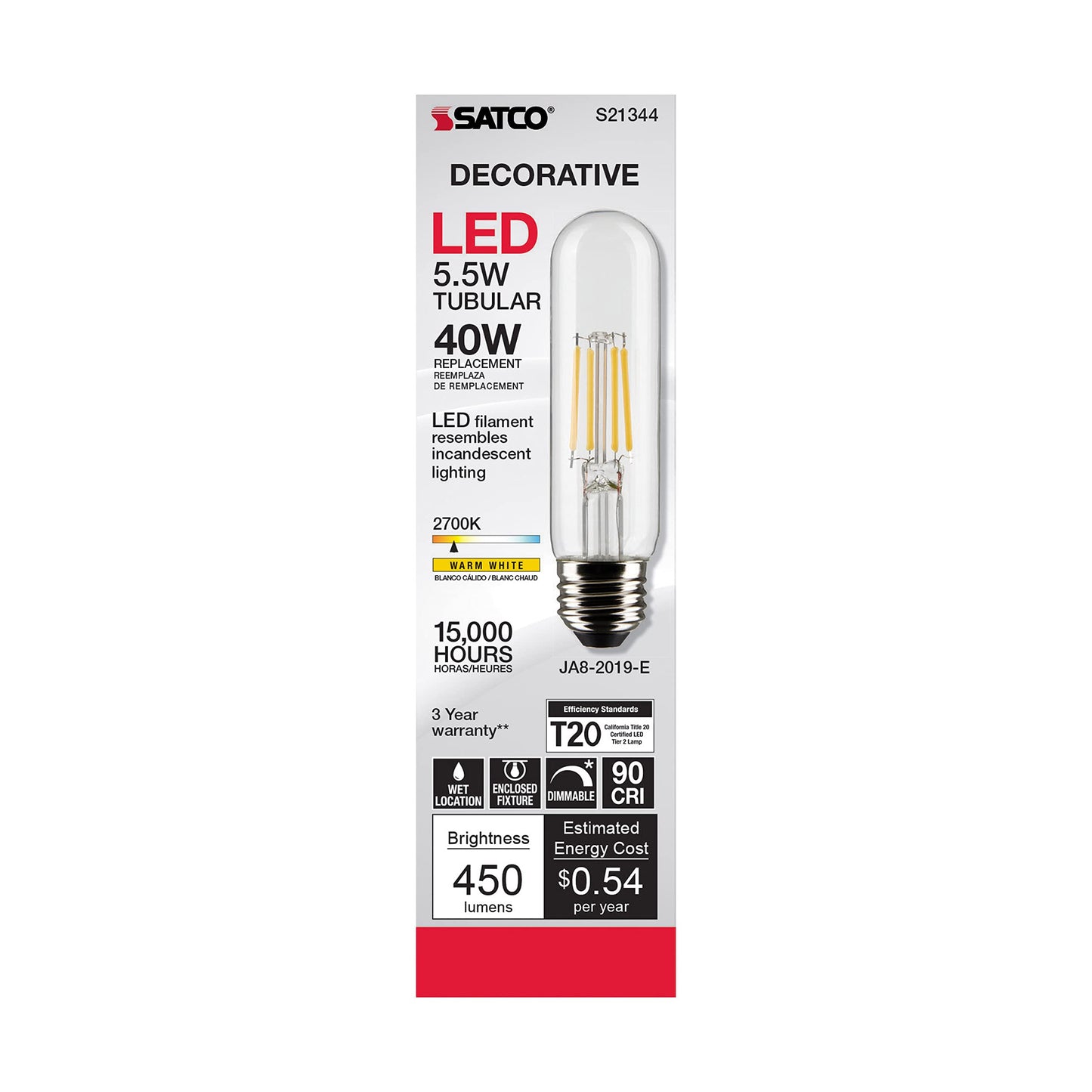 Satco S21344, T10 LED Bulb, E26 Base, 2700K, Clear, Dimmable, Light Bulb