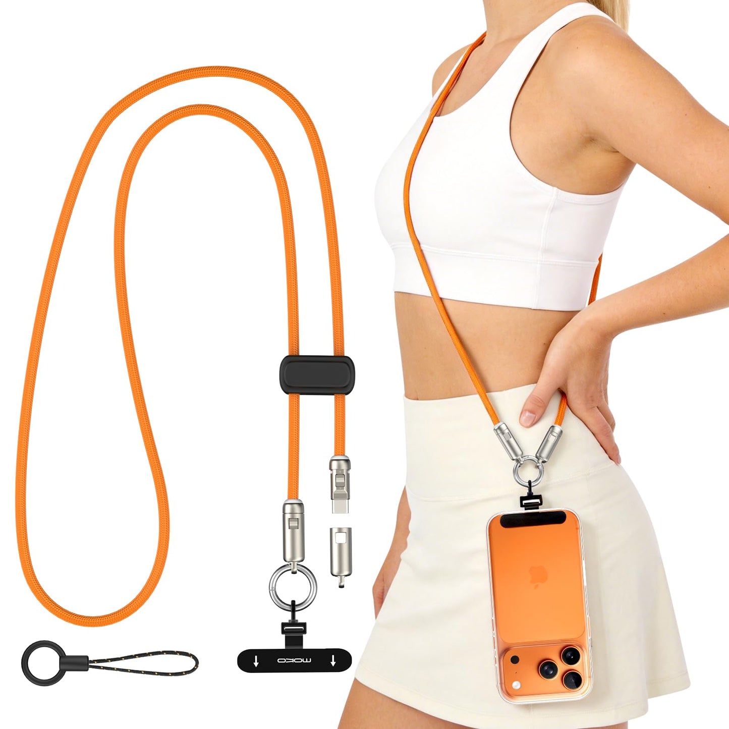 MoKo 2-in-1 Phone Crossbody Lanyard USB C Cable, PD240W USB-C to USB-C Type-C Fast Charging Cable, Anti Theft Phone Strap with Metal 360° Tether Tab